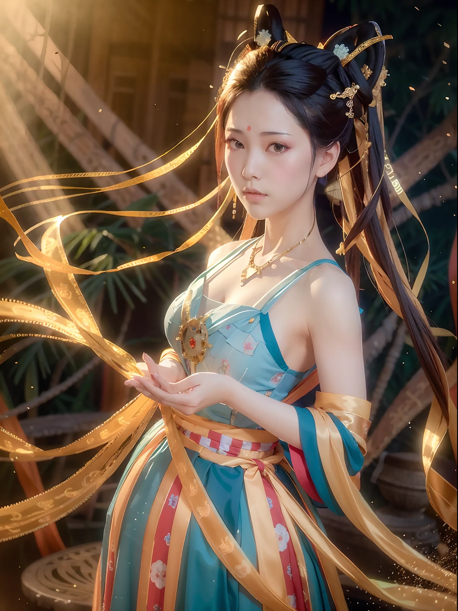 (8k, RAW photo, best quality, mastery:1.2), (realistic, photo-realistic:1.37), perfect face shape, high quality, high precision, professional lighting, photon mapping, ray tracing, radiosity, physical rendering, well, 1girl, looking at the audience, long hair, solo, upper body, outdoors, brown hair, blurred background, blur, daytime, realism, sky, blue sky, hanfu, big breasts , shut up, tree, cleavage, hanfu, (hanstyle, hanfu, full body: 1.2)