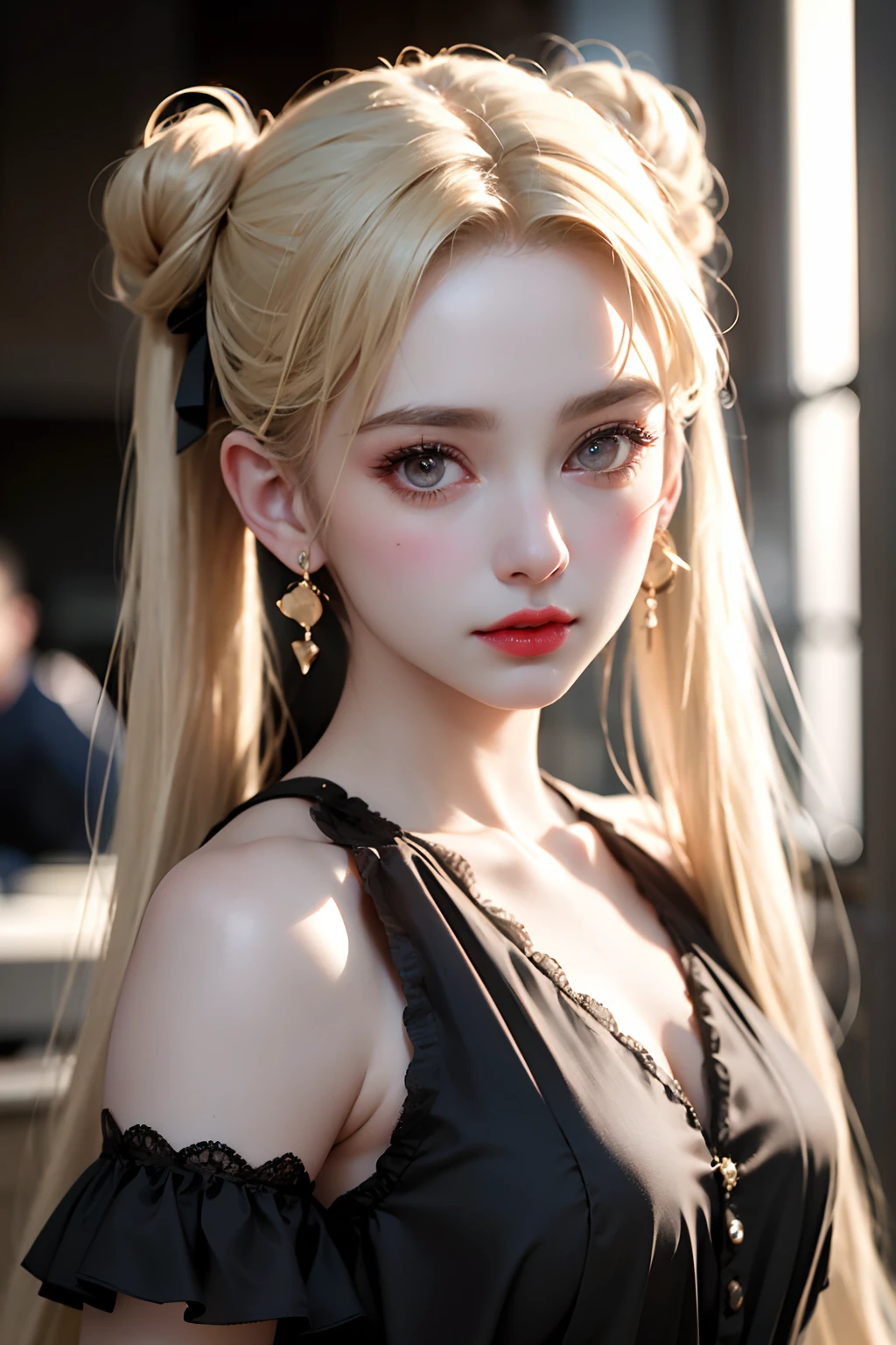 (8k, 4k, best quality, highres, ultra high res:1.1), (masterpiece, realistic, photo-realistic:1.1), 1girl,  face, close-up, twintails, blonde hair, black eyes, red lips,  (looking at viewer:2), absurdly long hair, long eyelashes, eyeshadow,  small face, big eyes,
bare shoulders,
high contrast,