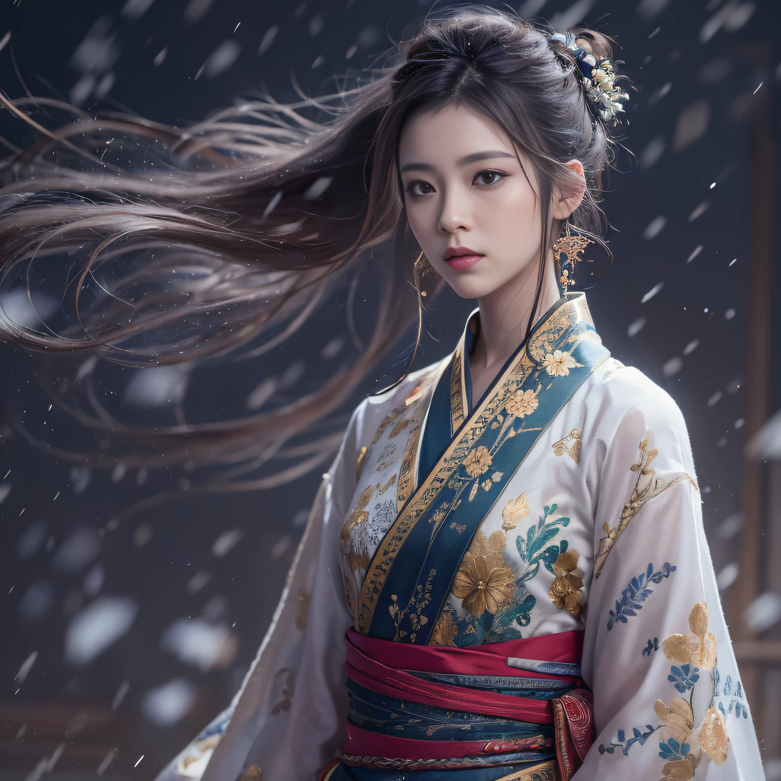 32K（tmasterpiece，k hd，hyper HD，16k）Flowing short hair，Backroom pond，zydink， a color，  Asian people （Female Student）， （Silk scarf）， Combat posture， looking at viewert， long whitr hair， Floating hair， Hanfu， Chinese clothes， longer sleeves， （abstract ink splash：1.2）， white backgrounid，Kirin Beast Protector （realisticlying：1.4），，Snowflakes fluttering，The background is pure， A high resolution， the detail， RAW photogr， Sharp Re， Nikon D850 Film Stock Photo by Jefferies Lee 4 Kodak Portra 400 Camera F1.6 shots, Rich colors, ultra-realistic vivid textures, Dramatic lighting, Unreal Engine Art Station Trend, cinestir 800，