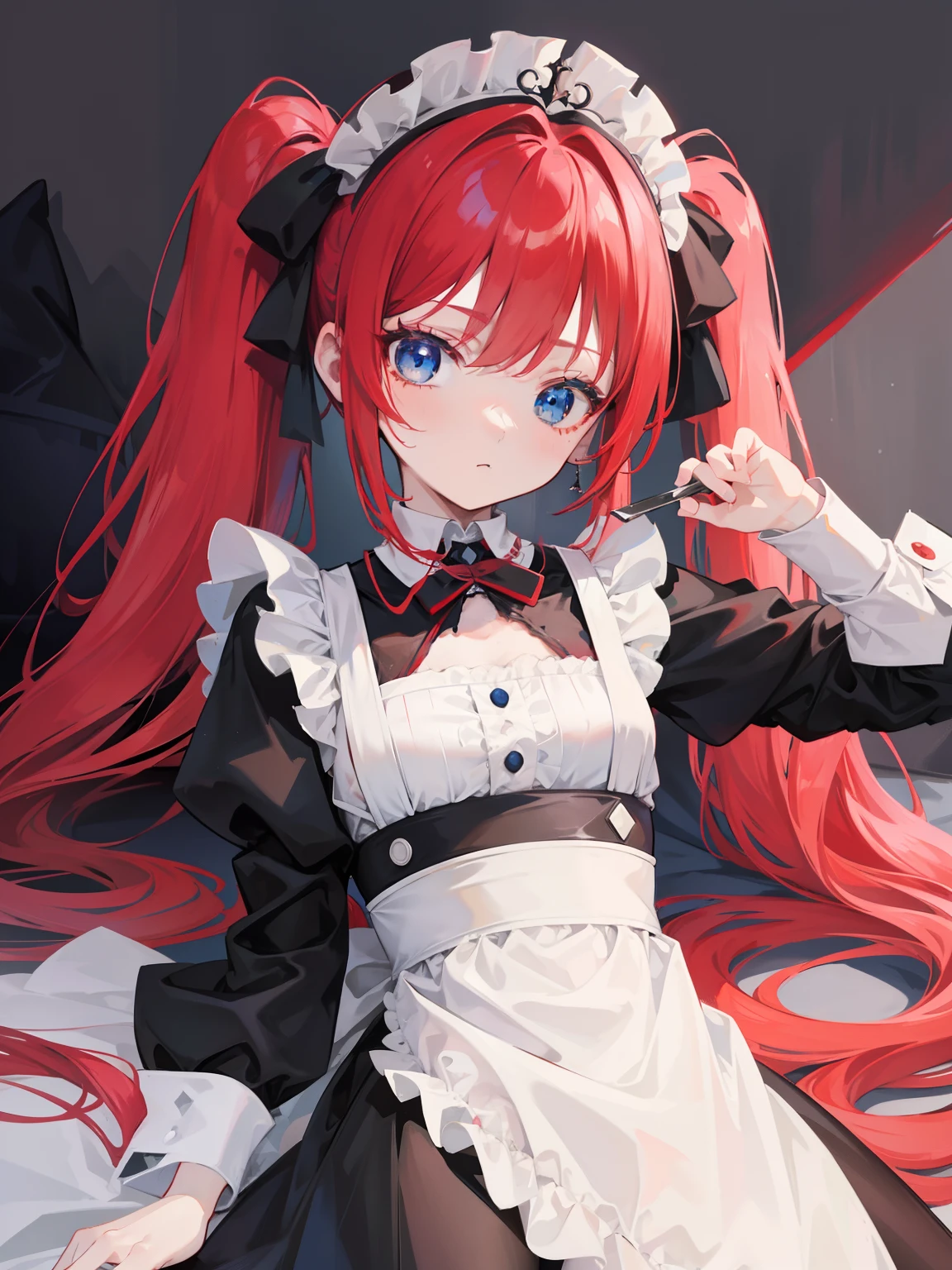 red hair,blue eyes,twintails,maid, long hair, long sleeves, gothic, solo, loli,{{best quality}}, {{masterpiece}}, {{ultra-detailed}}, {illustration}, {detailed light}, {an extremely delicate and beautiful},