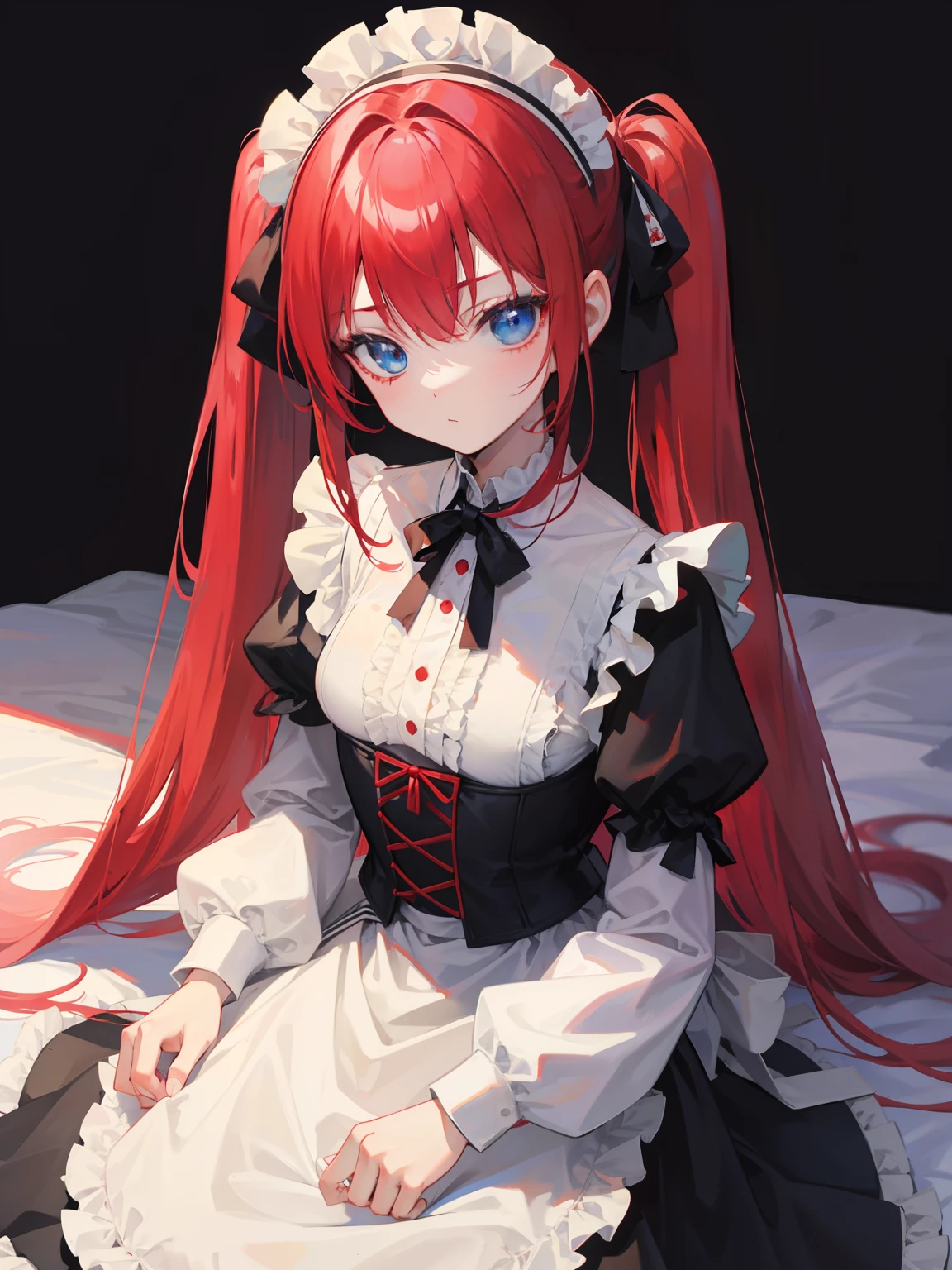 red hair,blue eyes,twintails,maid, long hair, long sleeves, gothic, solo, loli,{{best quality}}, {{masterpiece}}, {{ultra-detailed}}, {illustration}, {detailed light}, {an extremely delicate and beautiful},