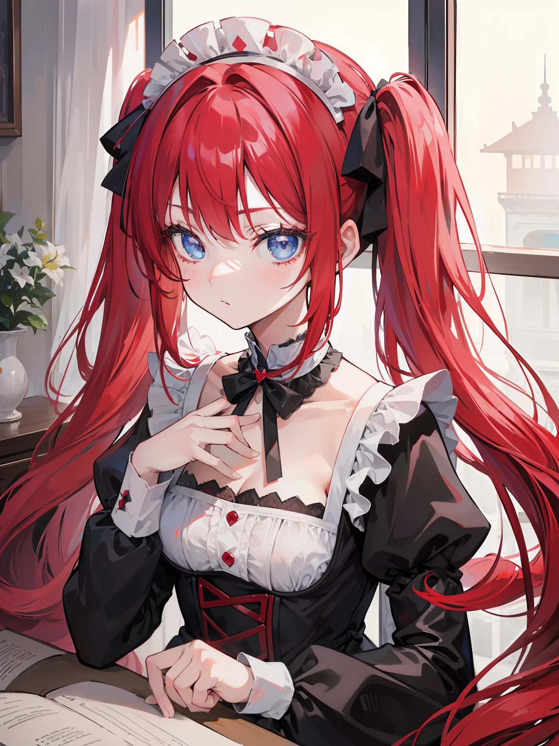 red hair,blue eyes,twintails,maid, long hair, long sleeves, gothic, solo, ,{{best quality}}, {{masterpiece}}, {{ultra-detailed}}, {illustration}, {detailed light}, {an extremely delicate and beautiful},