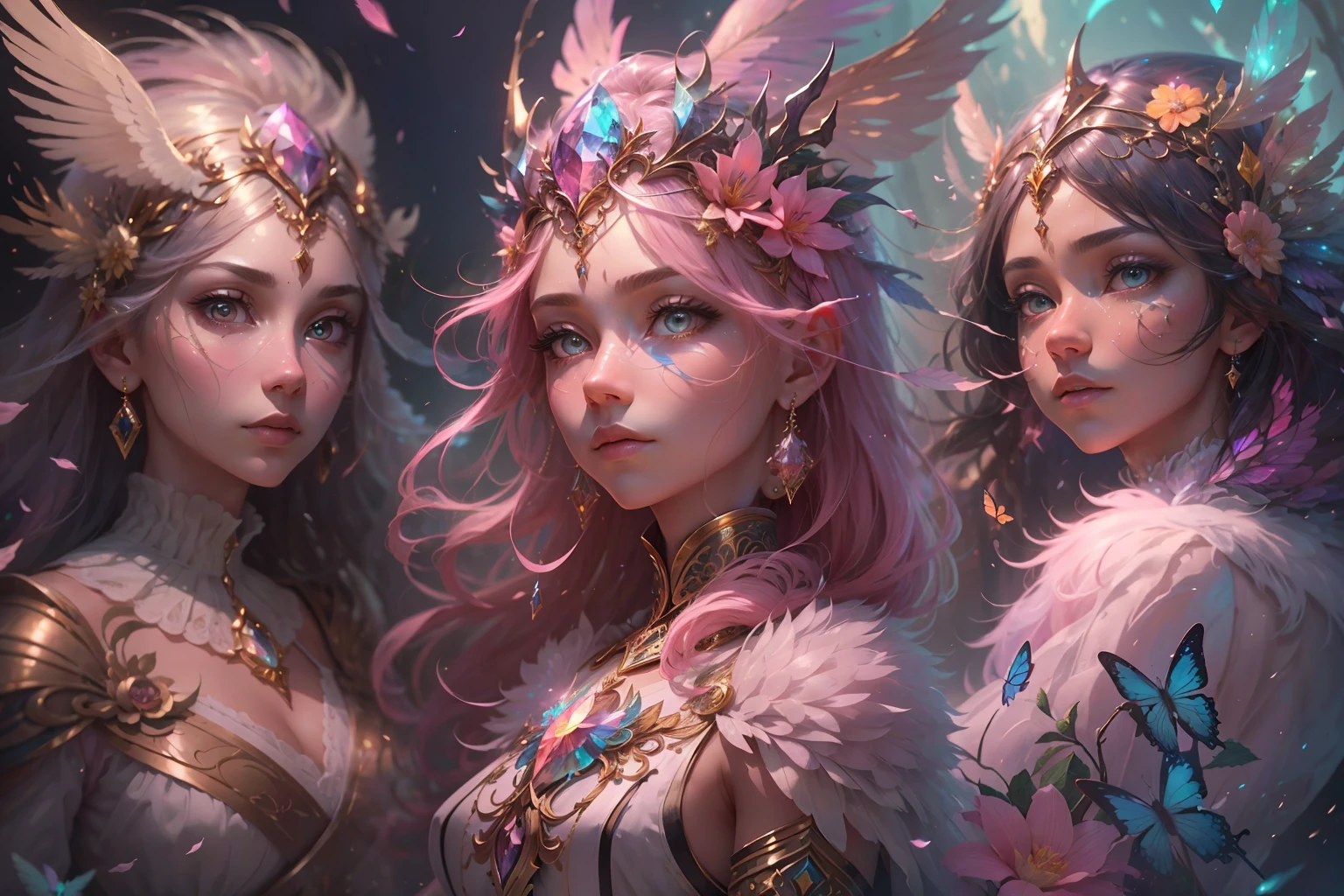 (((masterpiece))), (((best quality))), ((ultra-detailed)),(highly detailed CG illustration), ((an extremely delicate and beautiful)),cinematic light, Create a stunning fantasy artwork that mimics the style of currently trending masters of the genre. The art piece should contain elements of both mythic fantasy and fairytale fantasy with colorful accents. ((Utilize various shades of pink and watercolor pastels as the main color scheme.)) The character in the artwork is a delicate but strong petite figure with an aura of mystery and magic. Pay close attention to intricate facial features, such as mesmerizing eyes with vibrant colors and bold shading. The character's clothing should be designed with gossamer feathers, silk, stunning embroidery, and subtle iridescent details. Incorporate dreamy colors, dynamic lighting, and detailed background elements to create a sense of awe and immersion. Include colorful flying magical birds and jewel-toned butterflies radiating a magical aura. Consider the latest trends in fantasy art, such as incorporating unique lighting effects, exploring dynamic and compelling composition techniques, and experimenting with unique color palettes. Take inspiration from the top artists on ArtStation and Midjourney. Camera: Choose an angle that highlights the character's beauty and enhances the magical majesty of the artwork. Lighting: Utilize atmospheric lighting techniques to create depth and mood. Resolution: Aim for a high-resolution artwork to showcase intricate details and clarity. Art Inspirations: Seek inspiration from the trending artists on ArtStation, exploring different styles, genres, and themes.