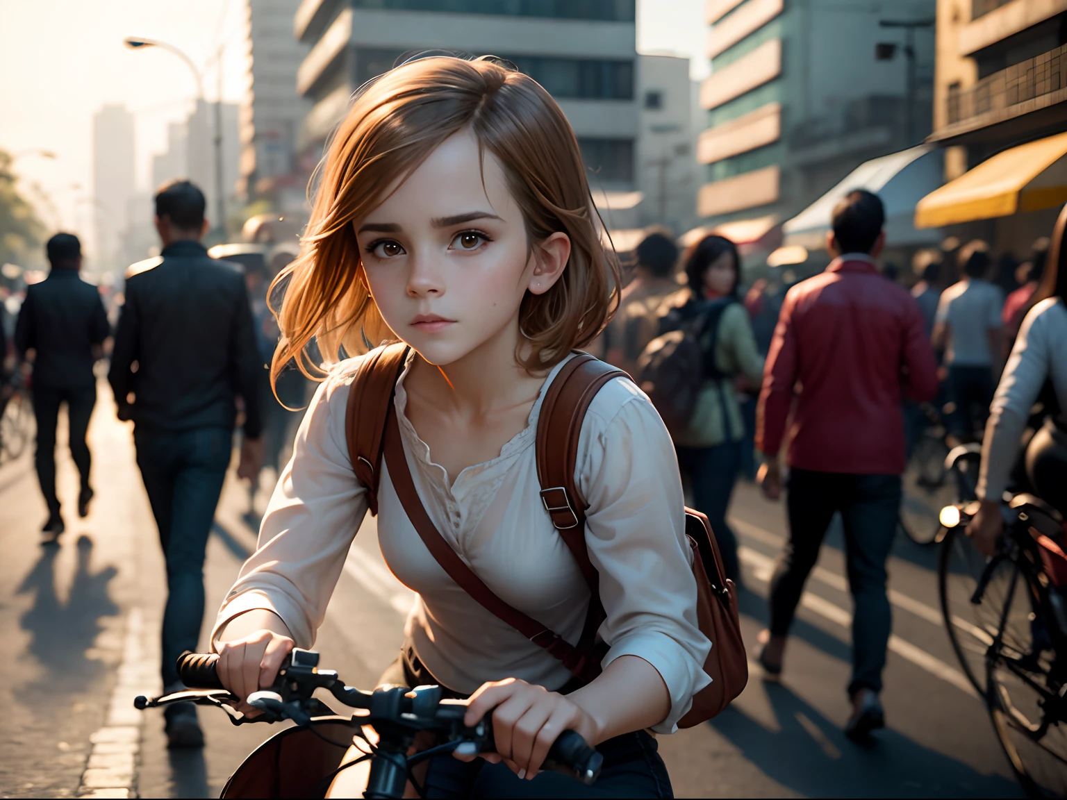 (Realism) Emma Watson riding bike in Jakarta, crowded street in background, natural, super detail, dawn --auto