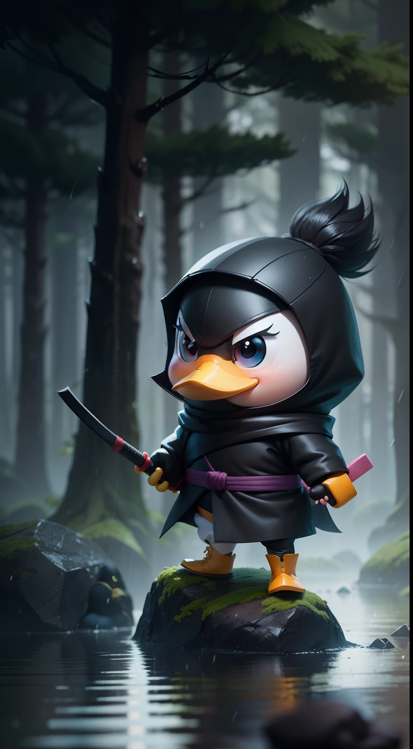 Create a vibrant dark fantasy cute ninja duck in a clean-lined minimalistic cartoon style, in the background a beautiful forest, rain, octane render, 8k
