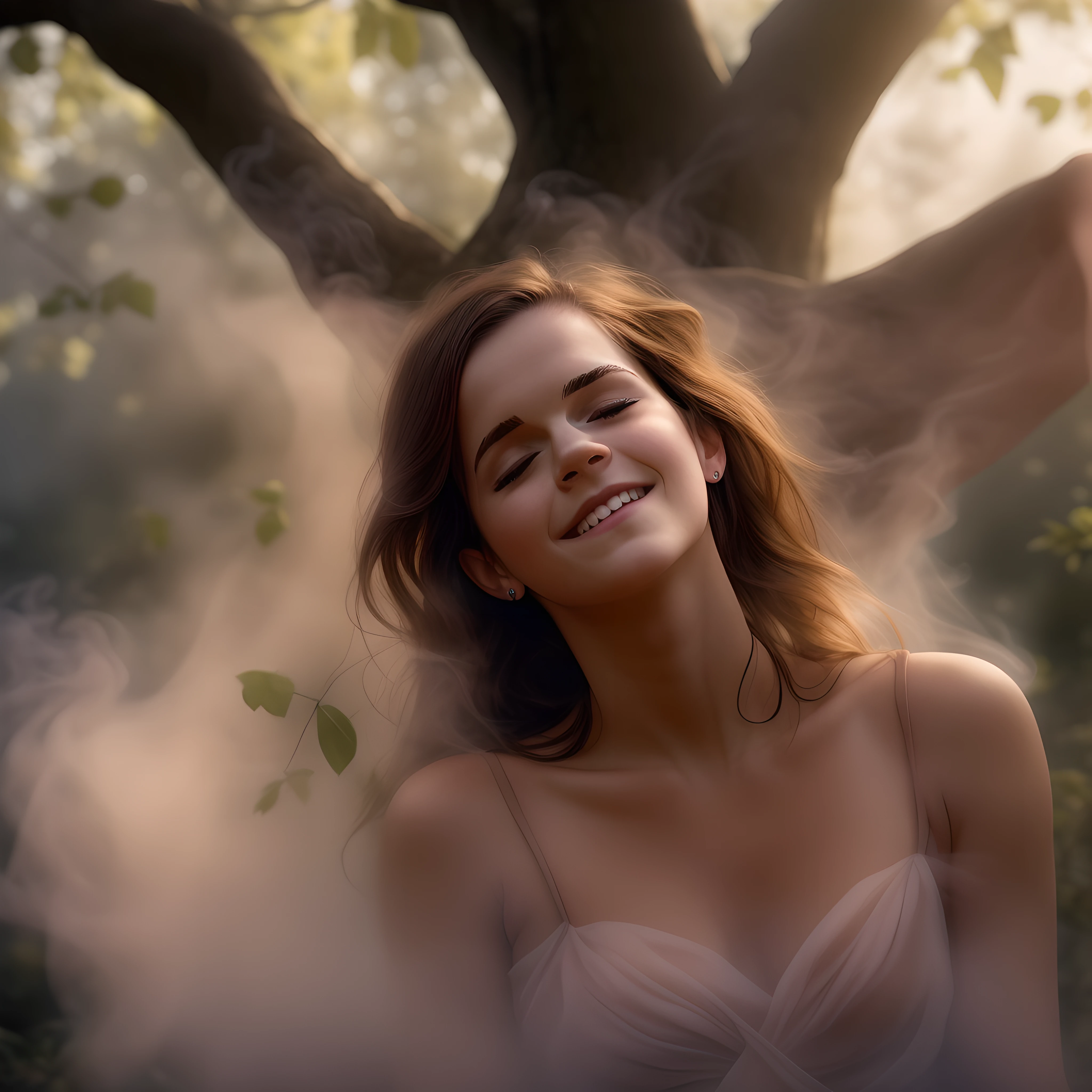 Emma Watson sits naked relaxed under a tree, smiling with contentment as she puffs on an ornately carved wooden pipe. Swirls of fragrant smoke rise up, slowly enveloping her naked body in a hazy cloud. Her brown hair and fair skin blend into the mist, so only her smiling face is visible, eyes closed and mouth curled up in bliss. The smoke takes fantastical shapes, Though immersed in her own world, Emma radiates an aura of tranquility and beauty.
In the foreground, Emma sits naked with legs crossed under an old oak, leaning casually against the trunk. Her elegant hair softly drapes around her body. In her right hand she holds the carved pipe, its bowl emitting steady smoke that rises in tendrils. Emma's eyes are closed lightly, face peaceful and euphoric.
As the smoke dances, it transforms into her. The smoke swirls higher against the bright sky, forms blending into mist. Sunlight filters through leaves, illuminating Emma's serene face. Though enveloped in smoke, she emanates contentment, lost in her own world.