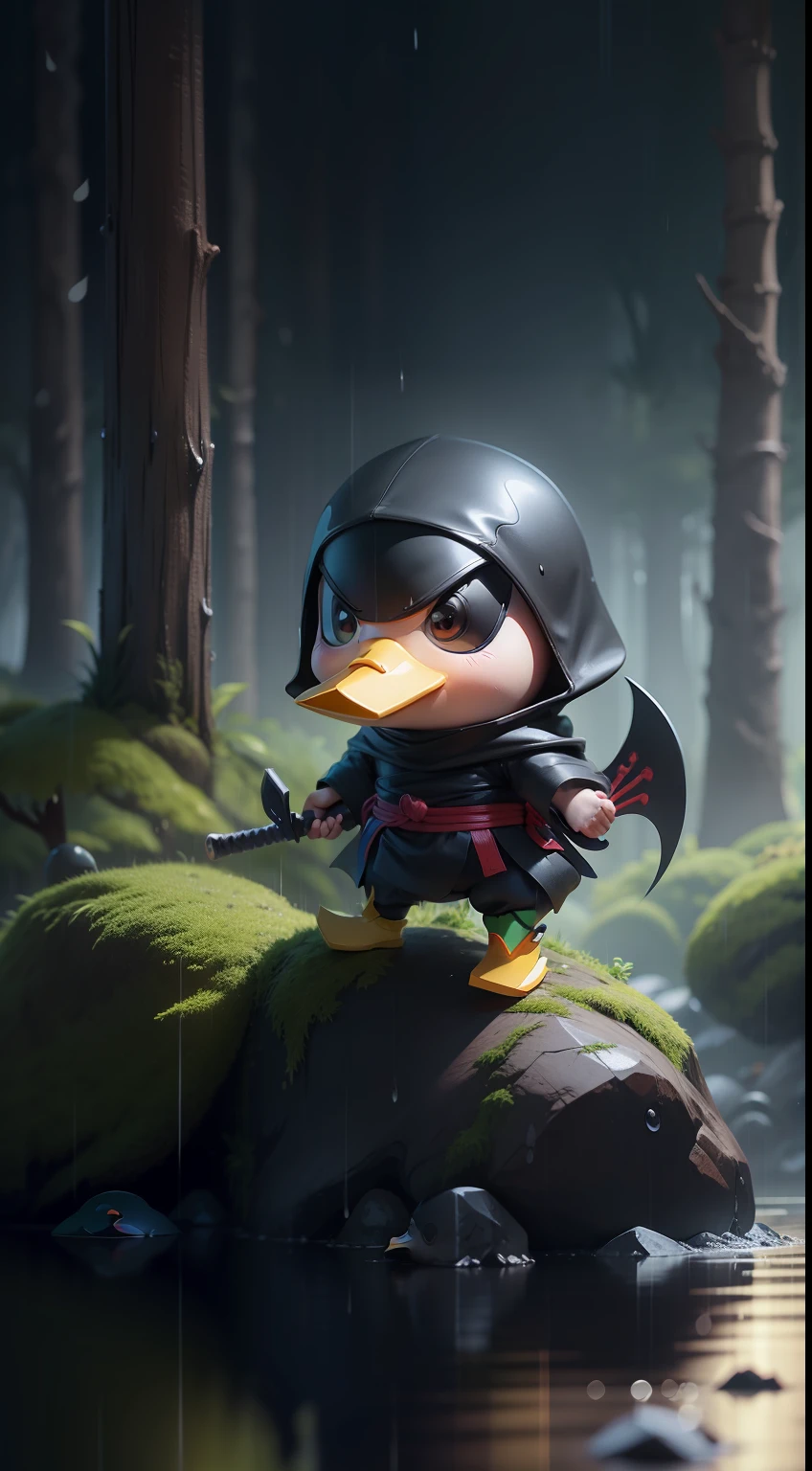 Create a vibrant dark fantasy cute ninja duck in a clean-lined minimalistic cartoon style, in the background a beautiful forest, rain, octane render, 8k