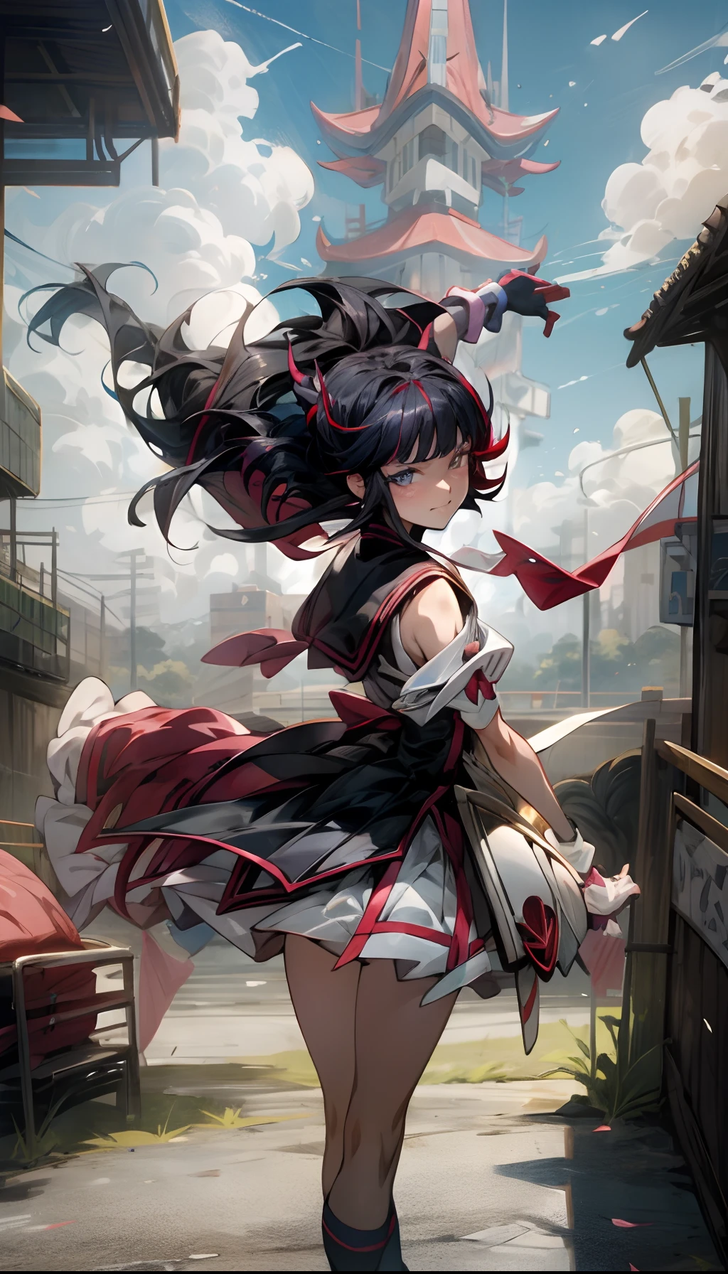 anime style juri han ryuko matoi clothes blue sky buildings