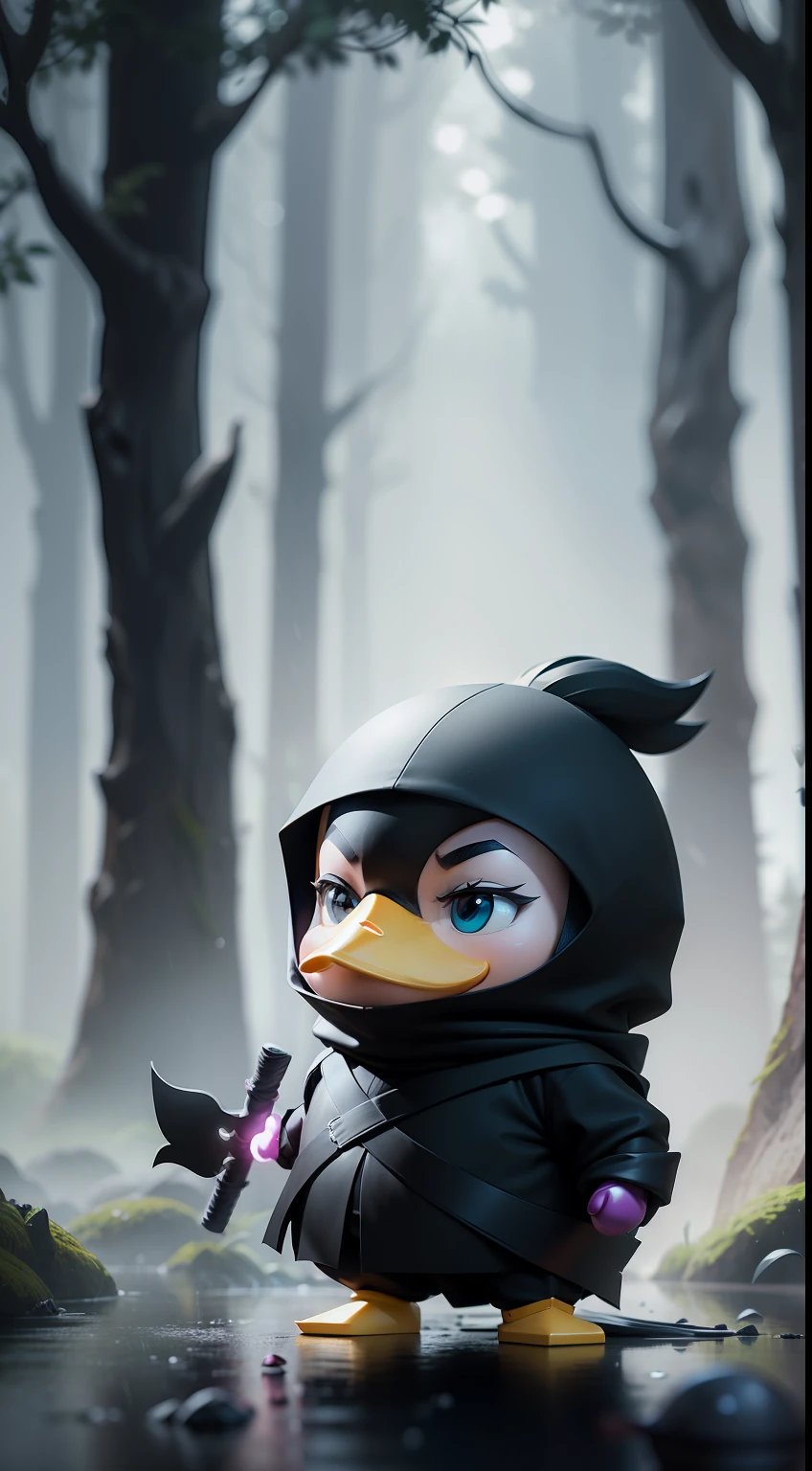Create a vibrant dark fantasy cute ninja duck in a clean-lined minimalistic cartoon style, in the background a beautiful forest, rain, octane render, 8k