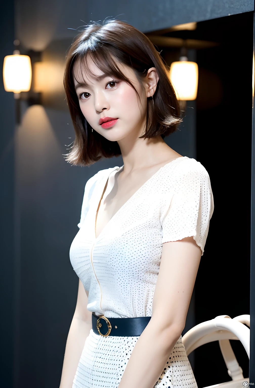 ((8K:1.27)、top-quality、masterpiece、超A high resolution:1.2)Photo Beautiful Japan woman(pleasing:1.1) Elegance、There is a good、Gradient lighting、1girl in、Delicate skin、Look here、Brown-eyed、(short hair with bangs:1.2)、(Medium chest:1.0)、(medium areola:0.8)、(realisitic:1.4)、(top-quality:1.0)、(超A high resolution:1.0)、8K、Raw photography、(masterpiece:0.2)、(pureerosface_v1:0.5)、 Fashion of the 60s、Clothes with classic designs、Actress style of the 60s、Retro dresses、classical、Clogged neck design、Neck design is roller color、White polka dots、Pop、a belt、Large dot pattern、White polka dots on navy blue fabric、shortsleeves、Chest invisible design、Kamimei、excited expressions、Red cheeks、want me、Staring at this、elevator、Inside the elevator、eng、Angle from the side、subject、look down from above、Lean、、Watched、Good posture、up chest、up chest、SLR、Small handbags、Staring at this、Looks fun、bulging chest、Super Super Mini Skirt、Futomo、big butts、Lighting from below、