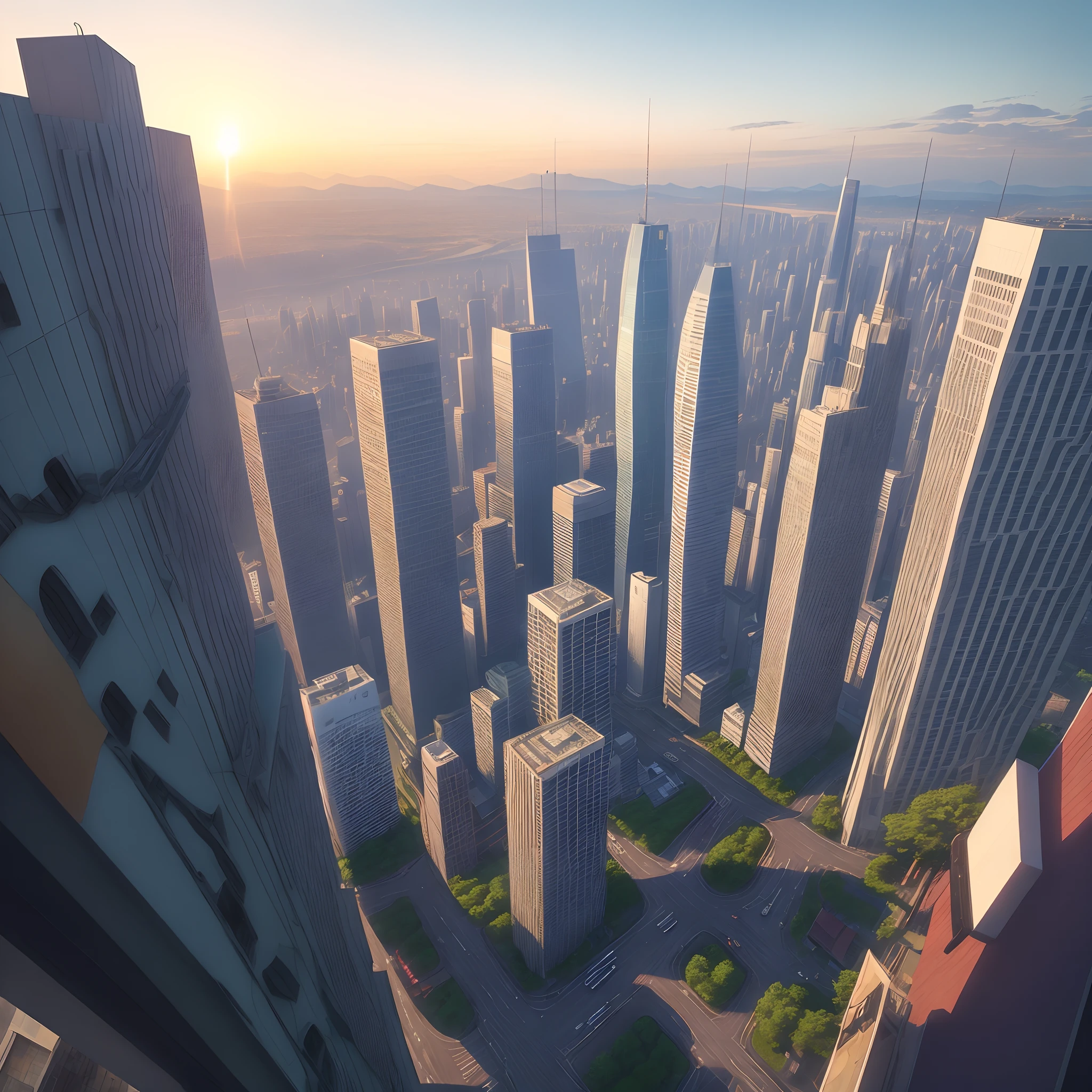 mirai、NFT、modern city、buliding、evening glow、hiquality、Aerial car、games、