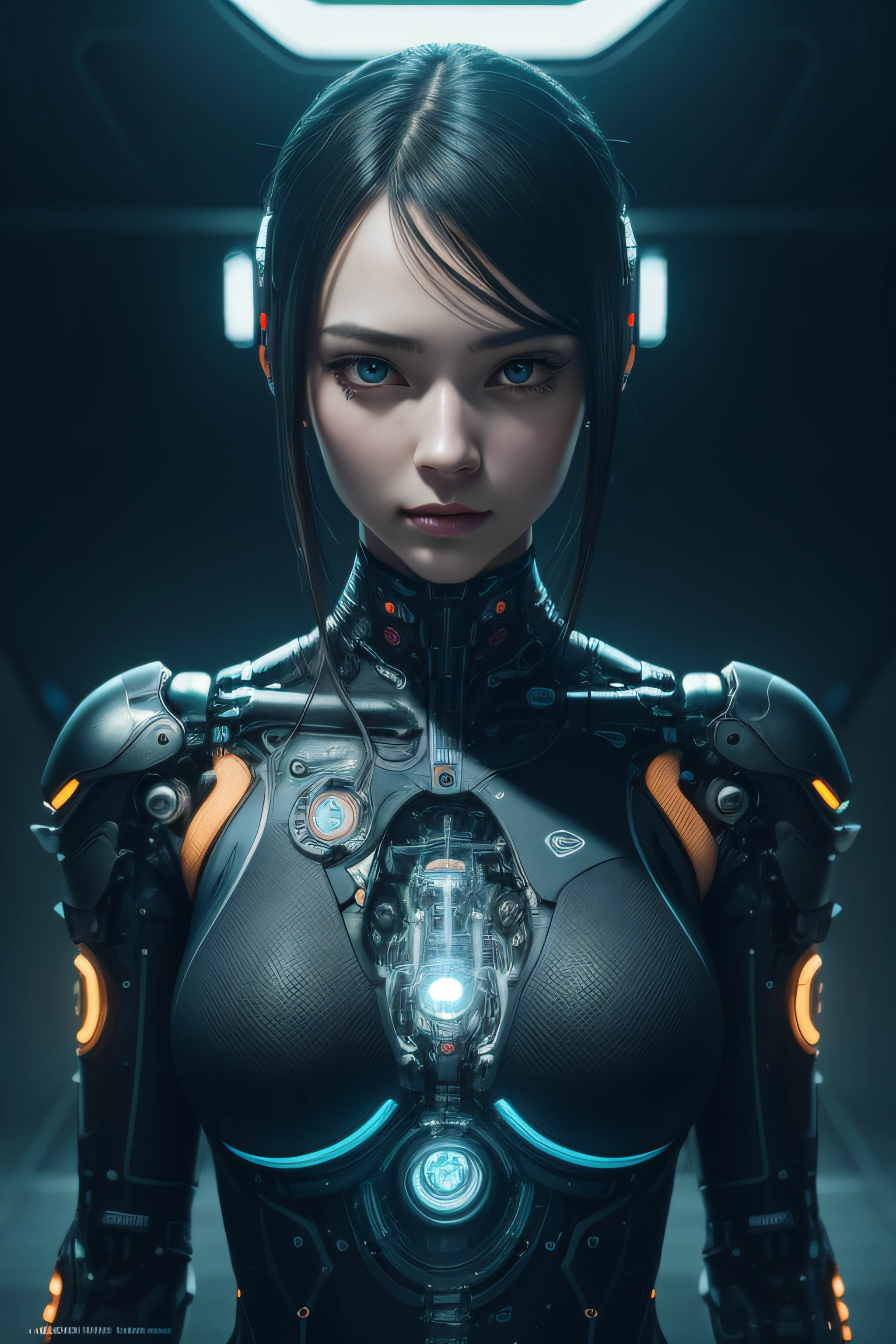 Centered portrait of an ultra detailed Mechanical Cyberpunk Female Android, looking into the camera, intricate, elegant, super highly detailed, smooth, sharp focus, no blur, no dof, extreme illustration, Unreal, full body (details), full body very detailed