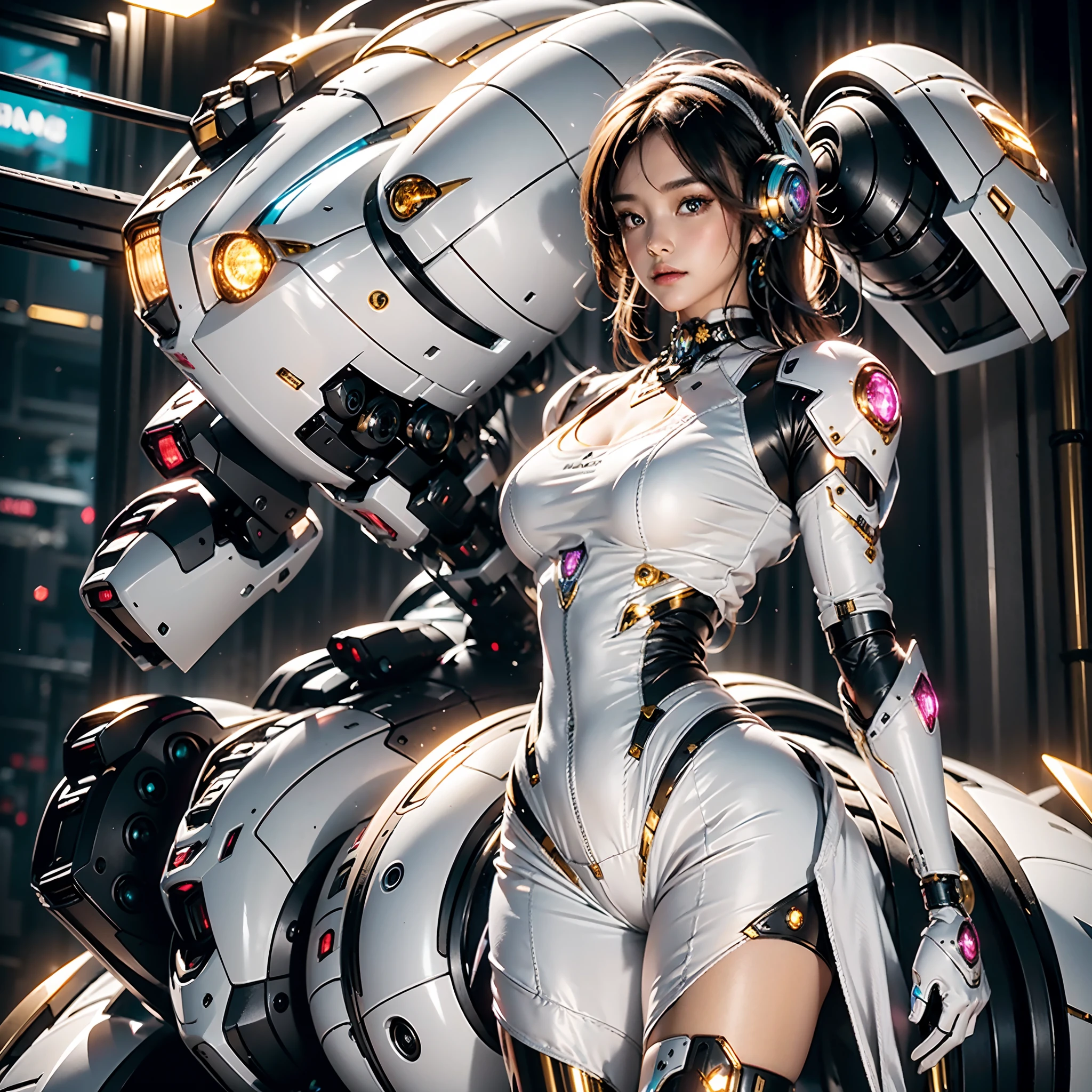 （（tmasterpiece，best qualtiy）），illustration，Ultra-detailed 8K，Clear focus，A highly detailed，Professional lighting，Colorful detailed，A girl and a mech，Beautuful Women，The girl wears a tight mech，Full body mecha，with headphones on，shelmet，choker necklace，eardrop，There is a large mech in the back，cranny，with light glowing，with light glowing，Complicated details，（（1girl stands in front of the audience）），Behind him is an oversized mech