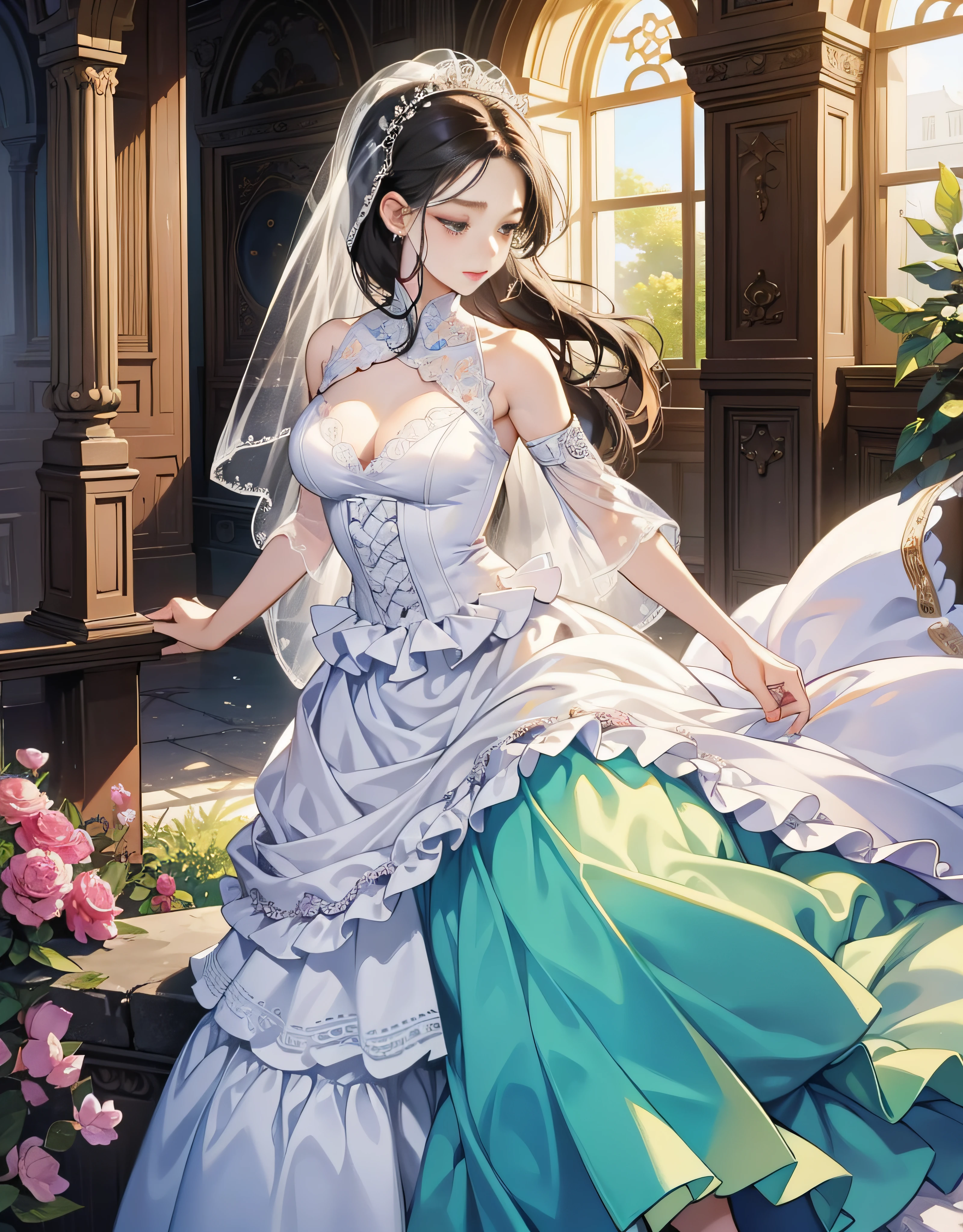 (masterpiece、top-quality、top-quality、Official Art、Beautifully Aesthetic)、princess、Adults、Beautie、mature、1 person woman、low angles、Longer dress,Ren Hao, embroideries、frilld、natta、Wedding dresses with delicate ruffles、borgar、up skirt、shuicolor、pearls、Beautiful fece、Mature and sexy woman、There is a good、extreme close - up、intricate detailes、Enlarged texture、Stunning clarity、Hidden beauty、artisanal creations、Handmade products、unique designs、intricate detailes、Creative expression、dance、Ruffled sleep、Dancing in the hall、nobles、Pedras preciosas、doress、魅惑的、breastsout、ornamented、the whole、