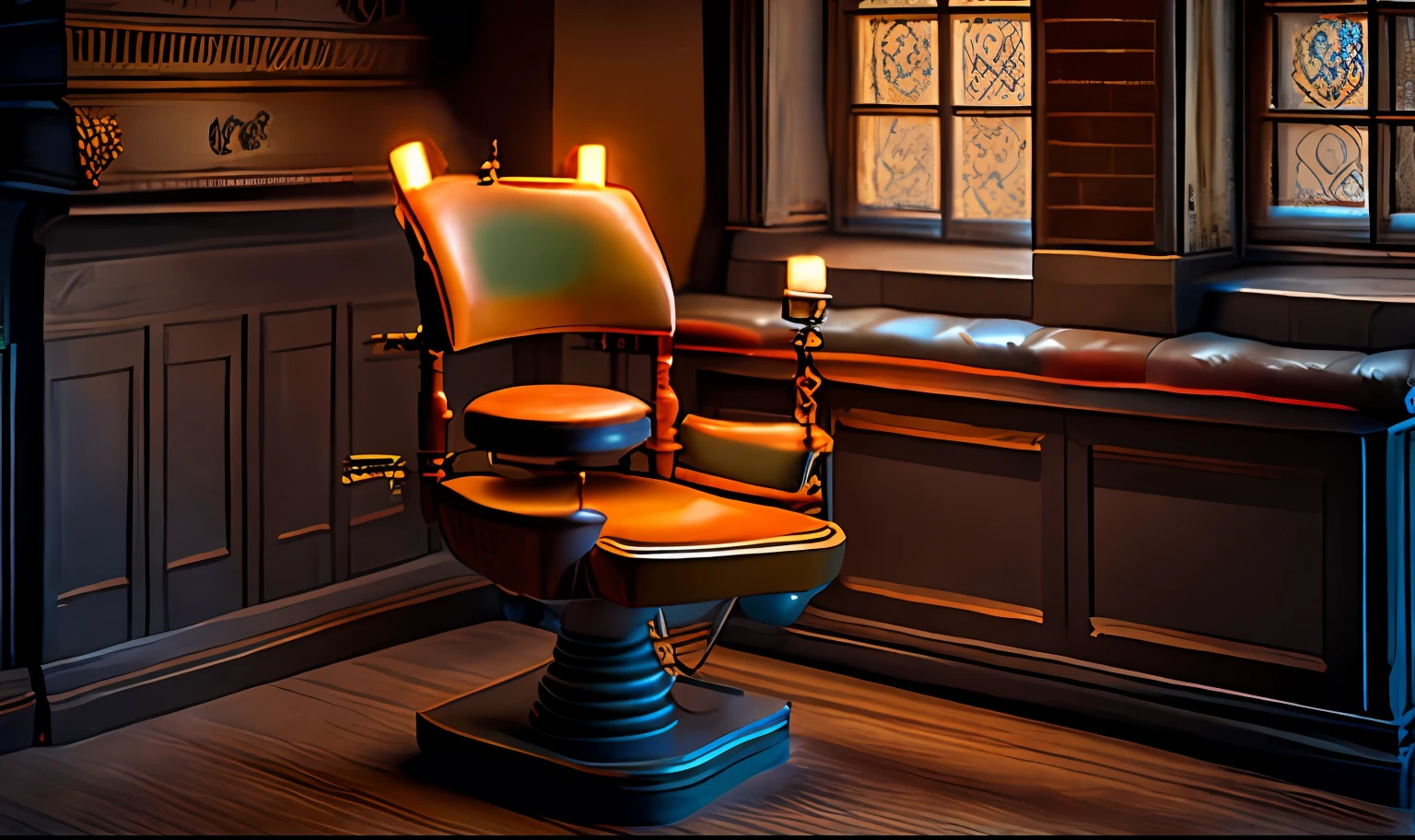 Old medieval dental office, lit by Edson's lamps, Room built of wood, small office, at night, (teto baixo), piso de madeira escura, rustic furniture, Bokeh blur, ((15th century)), night time, hyper realistic, fotorrealista, Old Victorian dental chair Ethyl Office odnological laboratory of the 30s well lit