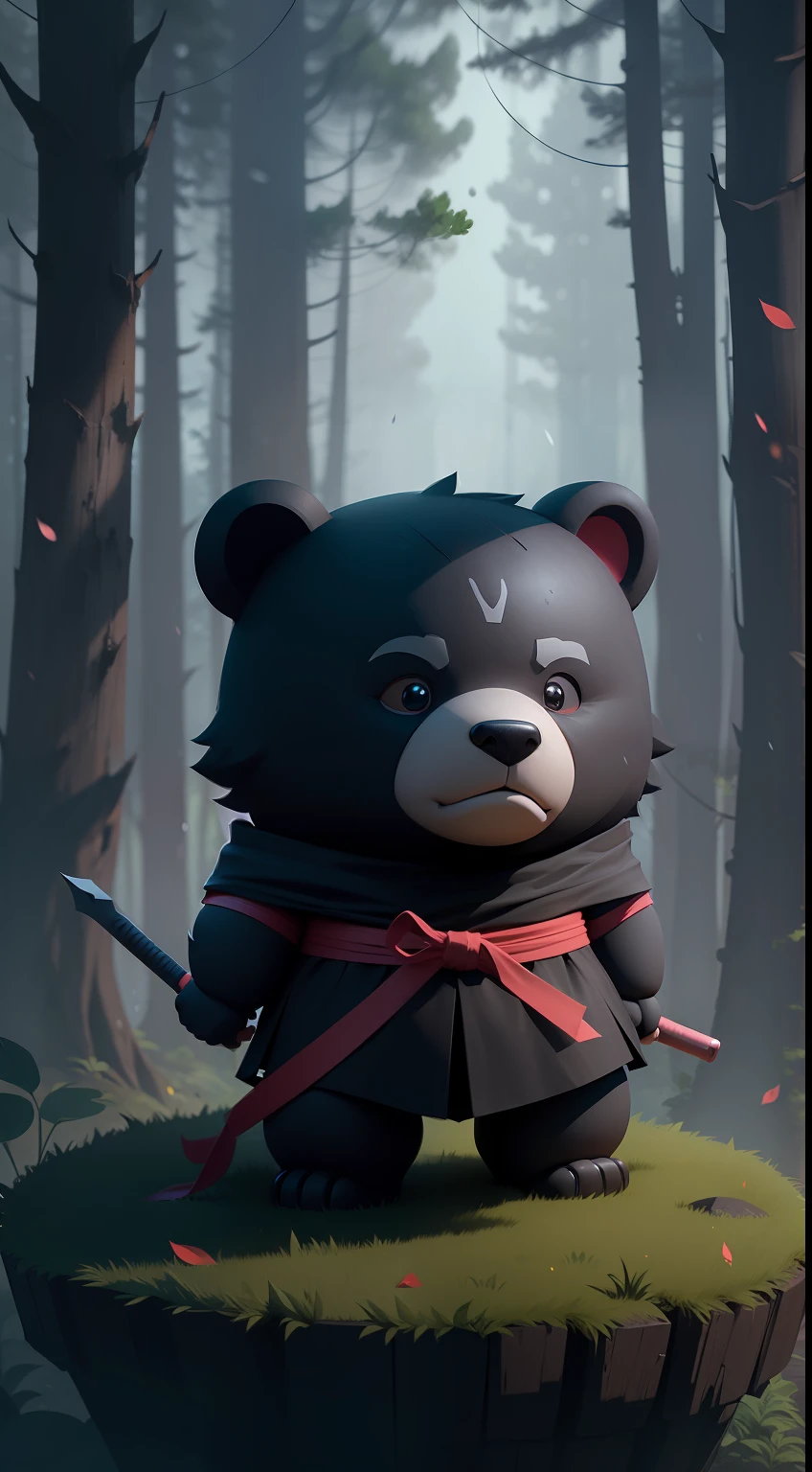 Create a vibrant dark fantasy cute ninja bear in a clean-lined minimalistic cartoon style, in the background a beautiful forest, rain, octane render, 8k