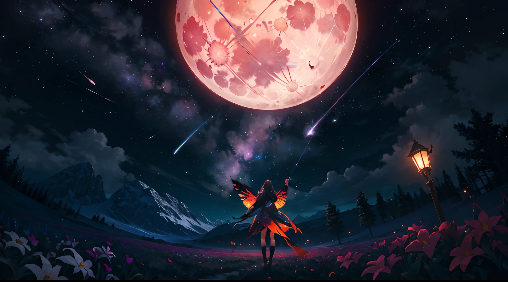 expansive landscape photograph , (a view from below that shows sky above and open field below), a girl standing on flower field looking up, (full moon:1.2), ( shooting stars:0.9), (nebula:1.3), distant mountain, tree BREAK
production art, (warm light source:1.2), (Firefly:1.2), lamp, lot of purple and orange, intricate details, volumetric lighting, realism BREAK
(masterpiece:1.2), (best quality), 4k, ultra-detailed, (dynamic composition:1.4), highly detailed, colorful details,( iridescent colors:1.2), (glowing lighting, atmospheric lighting), dreamy, magical, (solo:1.2)