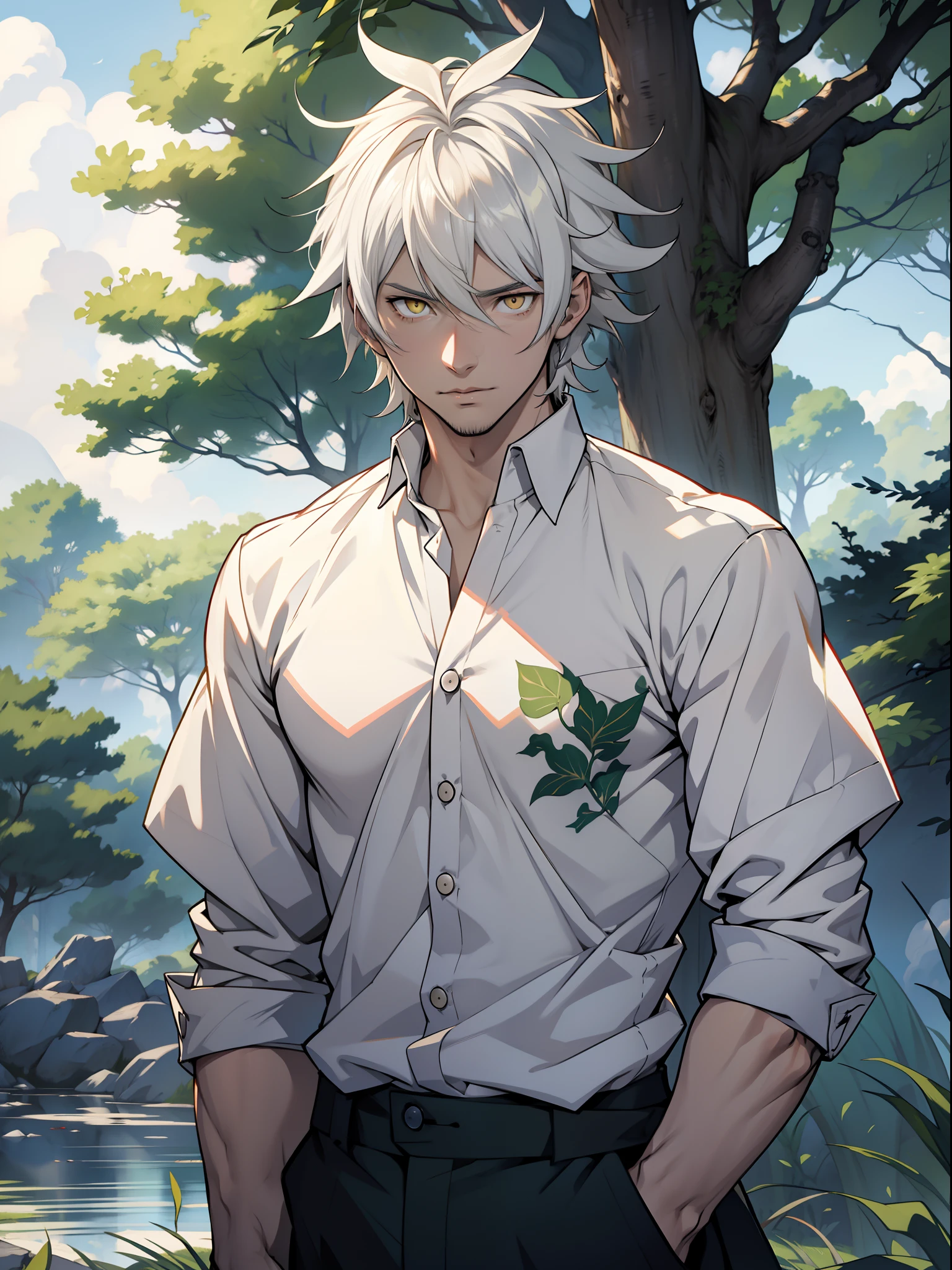 Anime character with white hair and yellow eyes standing in front of a green tree, hajime yatate, White-haired god, nagito komaeda, koyoharu gotouge, Anime portrait of a handsome man, Tall anime man with yellow eyes, Anime handsome man, a silver haired mad, white haired Cangcang, handsome guy in demon killer art, offcial art