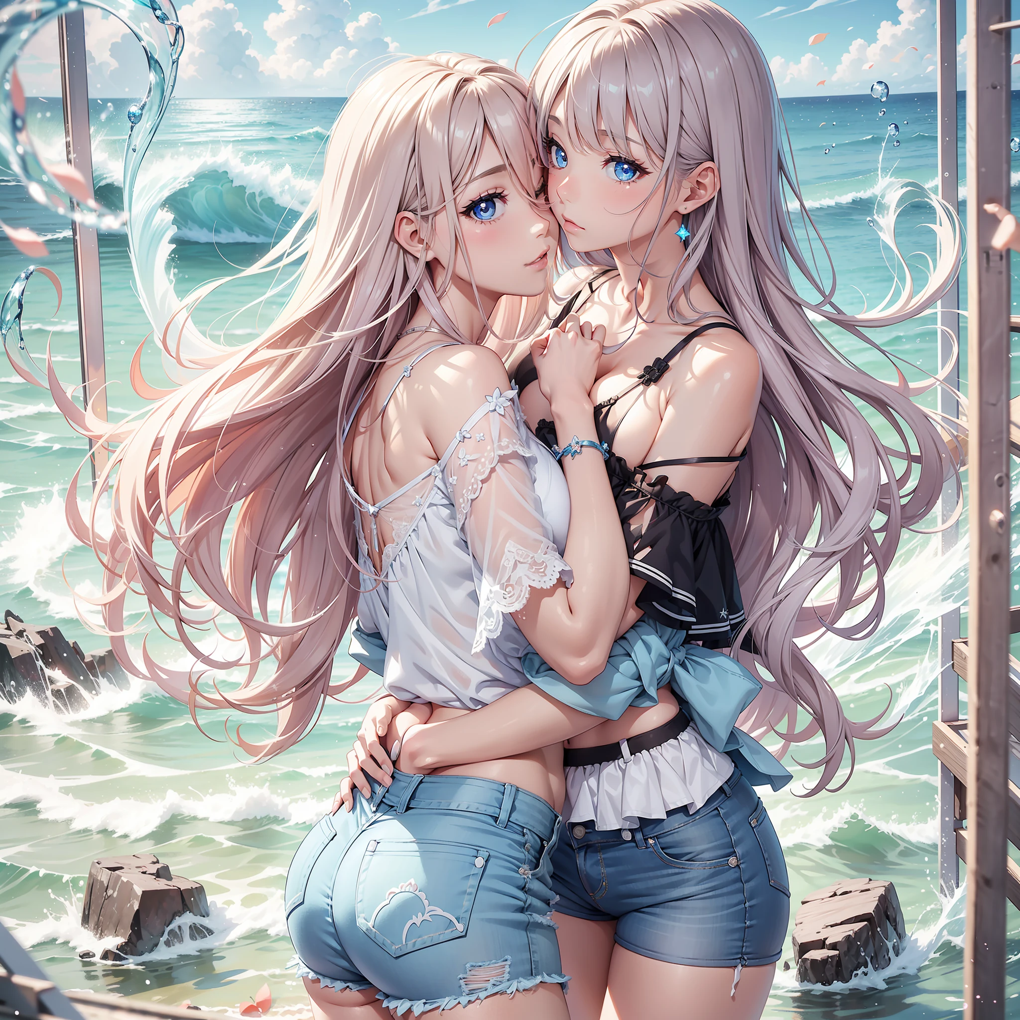 2 girls in, the kiss, secret, beautiful ocean, splash water, Eyes Like Gems,a baby face, huge filesize, ultra-detailliert, hight resolution, ighly detailed, top-quality, masterpiece, Hi-Res, high-level image quality, hiquality, extra detailed face, extremely detailed eye, long eyeslashes, 8k wallpaper, magnifica, finely detail, 电影灯光, Young Face, large full breasts, kirakira, Light in the eyes, Camisole and denim shorts, Shyness, Dye your cheeks,