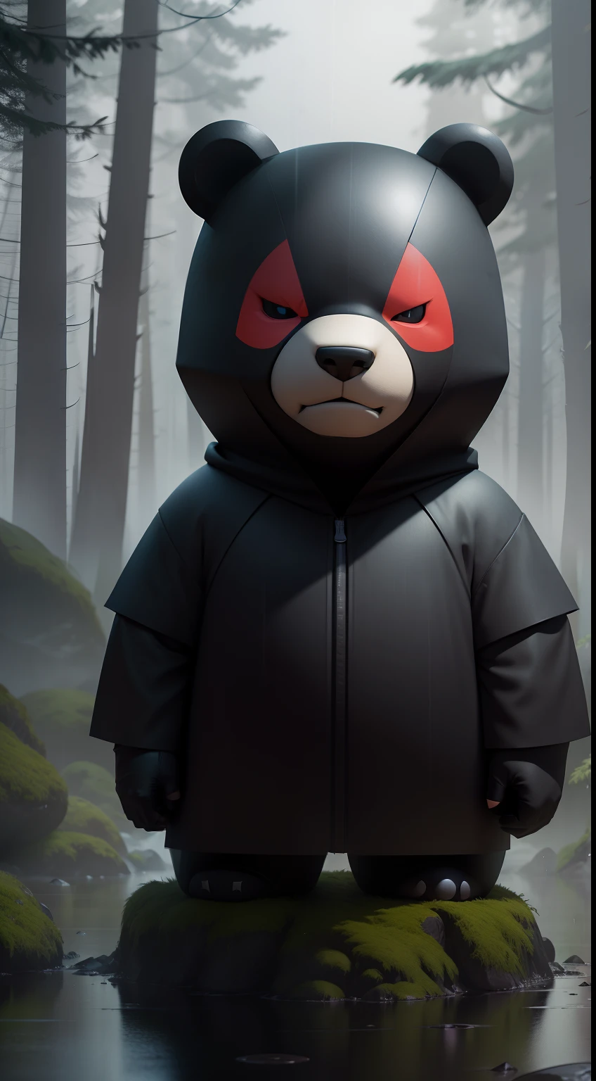 Create a vibrant dark fantasy cute ninja bear in a clean-lined minimalistic cartoon style, in the background a beautiful forest, rain, octane render, 8k