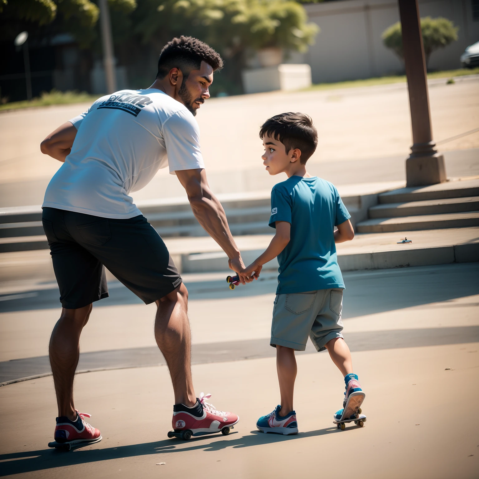 Pai e filho brincando skate