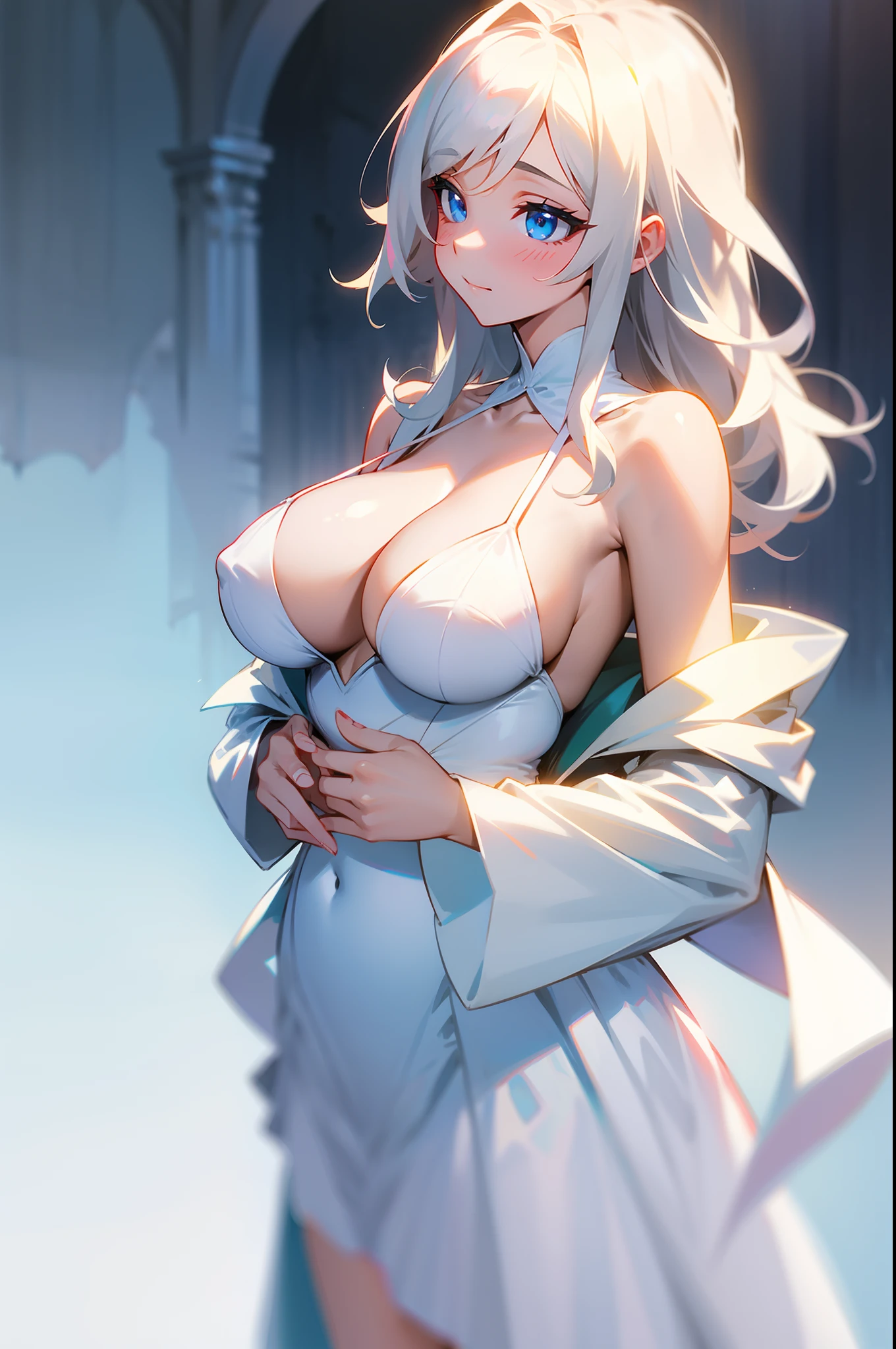 Lori huge breasts cleavage，whaite hair，eBlue eyes，white dresses，adolable，is shy，are standing