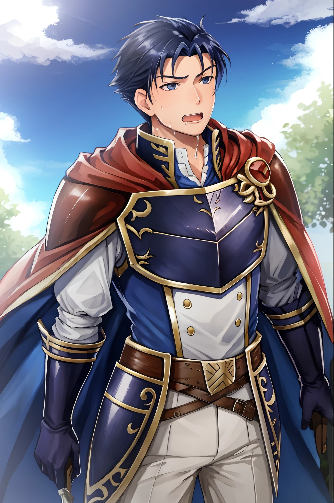 Hector Fey, Ultra High Quality CG, Solo, Looking at the Audience, Open Mouth, Sweaty, Wet, Wet, Drooling, Gloves, 1boy, Upper Body, Male Focus, Sky, Clouds, Cloak, Armor