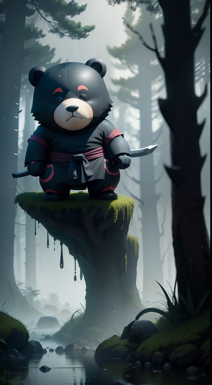 Create a vibrant dark fantasy cute ninja bear in a clean-lined minimalistic cartoon style, in the background a beautiful forest, rain, octane render, 8k