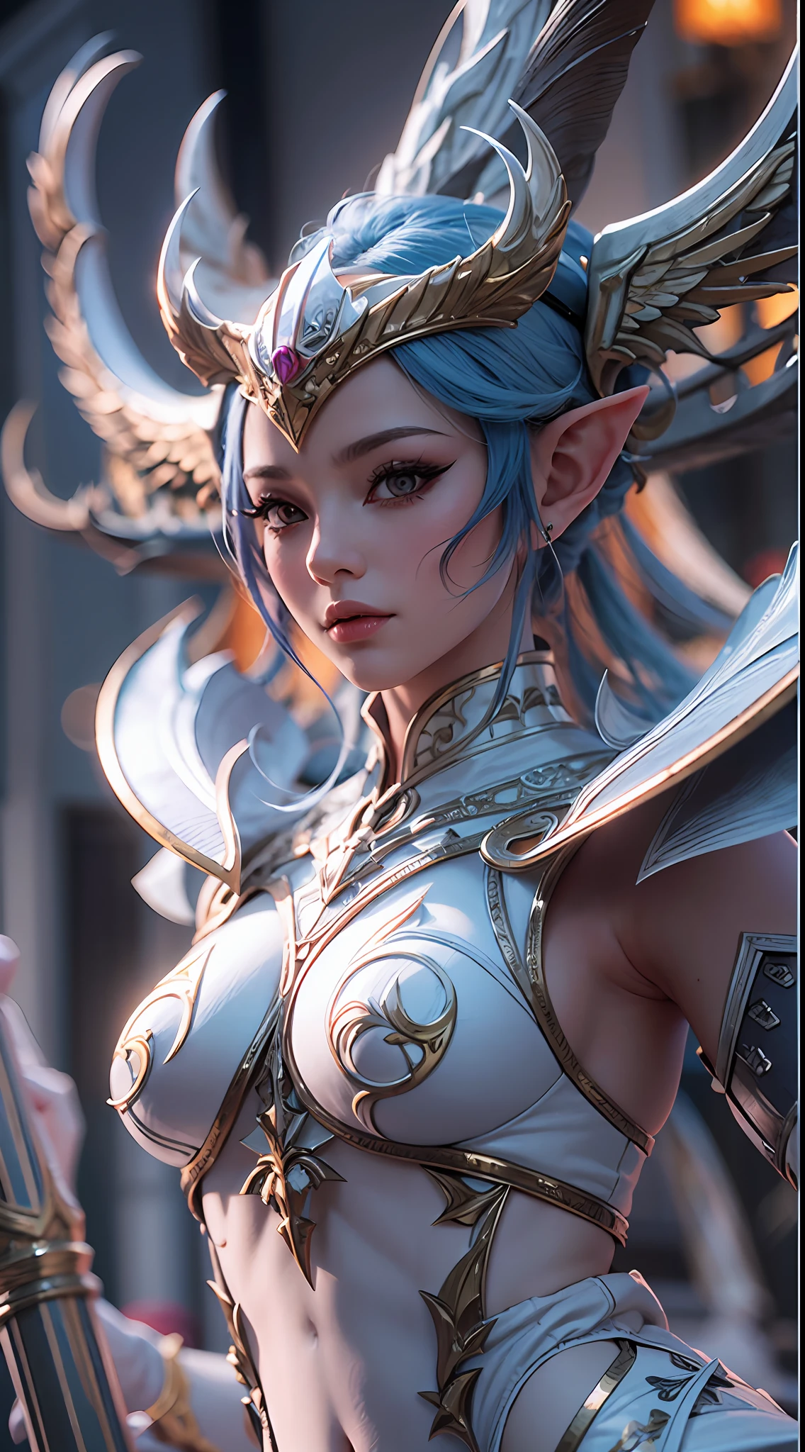 Close-up de uma garota com uma espada, personagem de fantasia ultra-detalhado, intrincado lindo estilo CGI anime, female demon suitable for white horns, fantasia de detalhe 4K, Iconic character of high detail, handsome biomechanical elf, personagem de fantasia complexa, High detail and very sharp and intricate art. octan render, 3D rendering 8K character art , de corpo inteiro