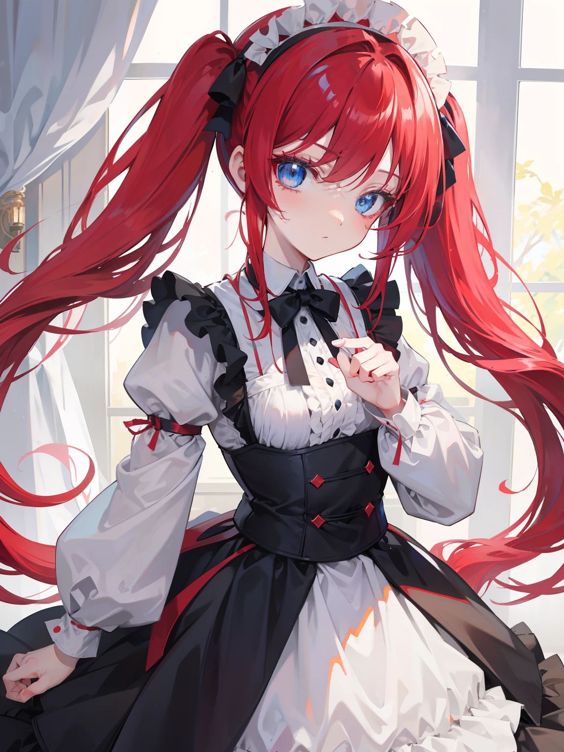 red hair,blue eyes,twintails,maid, long hair, long sleeves, gothic, solo, loli,{{best quality}}, {{masterpiece}}, {{ultra-detailed}}, {illustration}, {detailed light}, {an extremely delicate and beautiful},