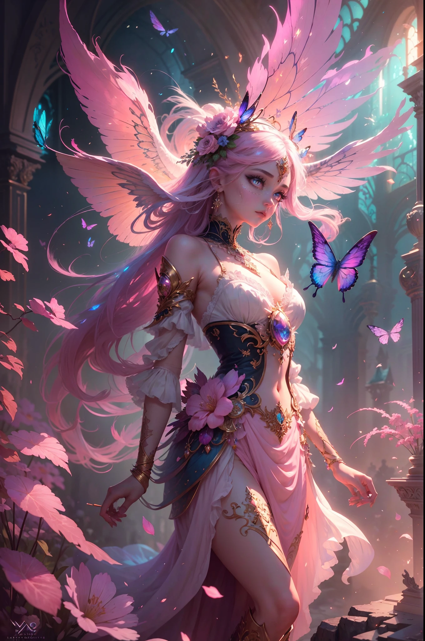 (((masterpiece))), (((best quality))), ((ultra-detailed)),(highly detailed CG illustration), ((an extremely delicate and beautiful)),cinematic light, Create a stunning fantasy artwork that mimics the style of currently trending masters of the genre. The art piece should contain elements of both mythic fantasy and fairytale fantasy with colorful accents. ((Utilize various shades of pink and watercolor pastels as the main color scheme.)) The character in the artwork is a delicate but strong petite figure with an aura of mystery and magic. ((((Pay close attention to intricate facial features, such as mesmerizing eyes with vibrant colors and bold shading.)))) The character's clothing should be designed with gossamer feathers, silk, stunning embroidery, and subtle iridescent details. Incorporate dreamy colors, dynamic lighting, and detailed background elements to create a sense of awe and immersion. Include colorful flying magical birds and jewel-toned butterflies radiating a magical aura. Consider the latest trends in fantasy art, such as incorporating unique lighting effects, exploring dynamic and compelling composition techniques, and experimenting with unique color palettes. Take inspiration from the top artists on ArtStation and Midjourney. Camera: Choose an angle that highlights the character's beauty and enhances the magical majesty of the artwork. Lighting: Utilize atmospheric lighting techniques to create depth and mood. Resolution: Aim for a high-resolution artwork to showcase intricate details and clarity. Art Inspirations: Seek inspiration from the trending artists on ArtStation, exploring different styles, genres, and themes.
