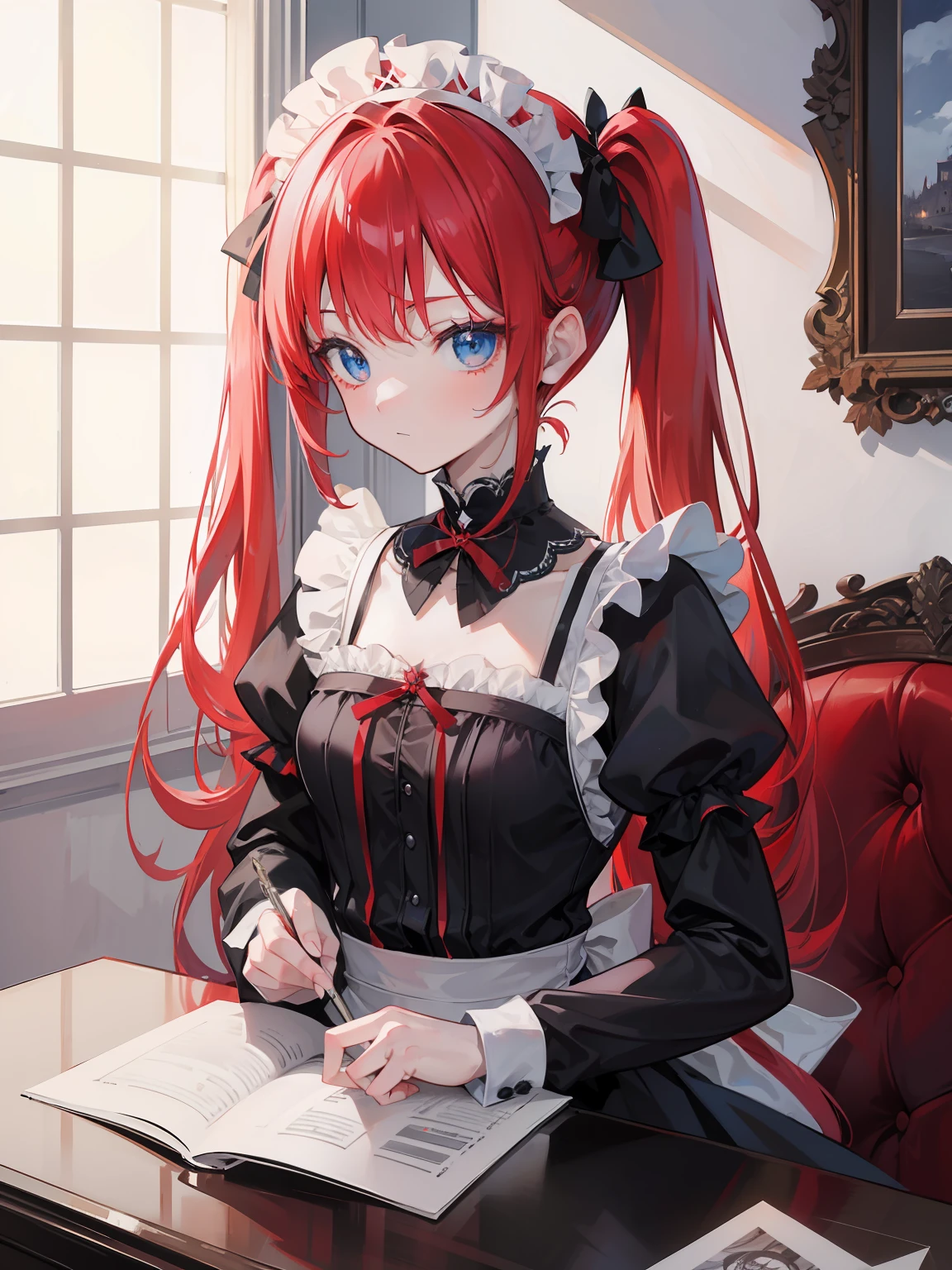 red hair,blue eyes,twintails,maid, long hair, long sleeves, gothic, solo, loli,{{best quality}}, {{masterpiece}}, {{ultra-detailed}}, {illustration}, {detailed light}, {an extremely delicate and beautiful},