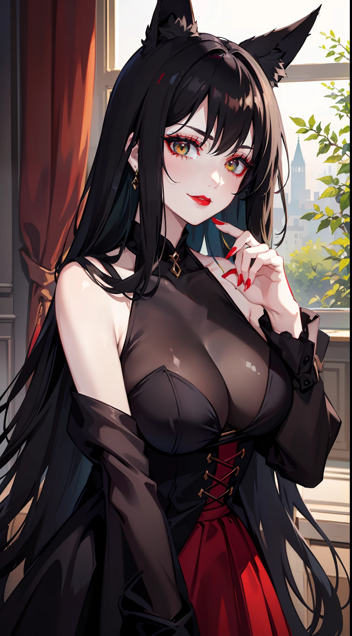 Adult woman, pale skin, Long black hair, Fox ears, Green eyes, red eyeshadow, red lipstick, Black Magic Dress, open breasts, smirk, Masterpiece, hiquality
