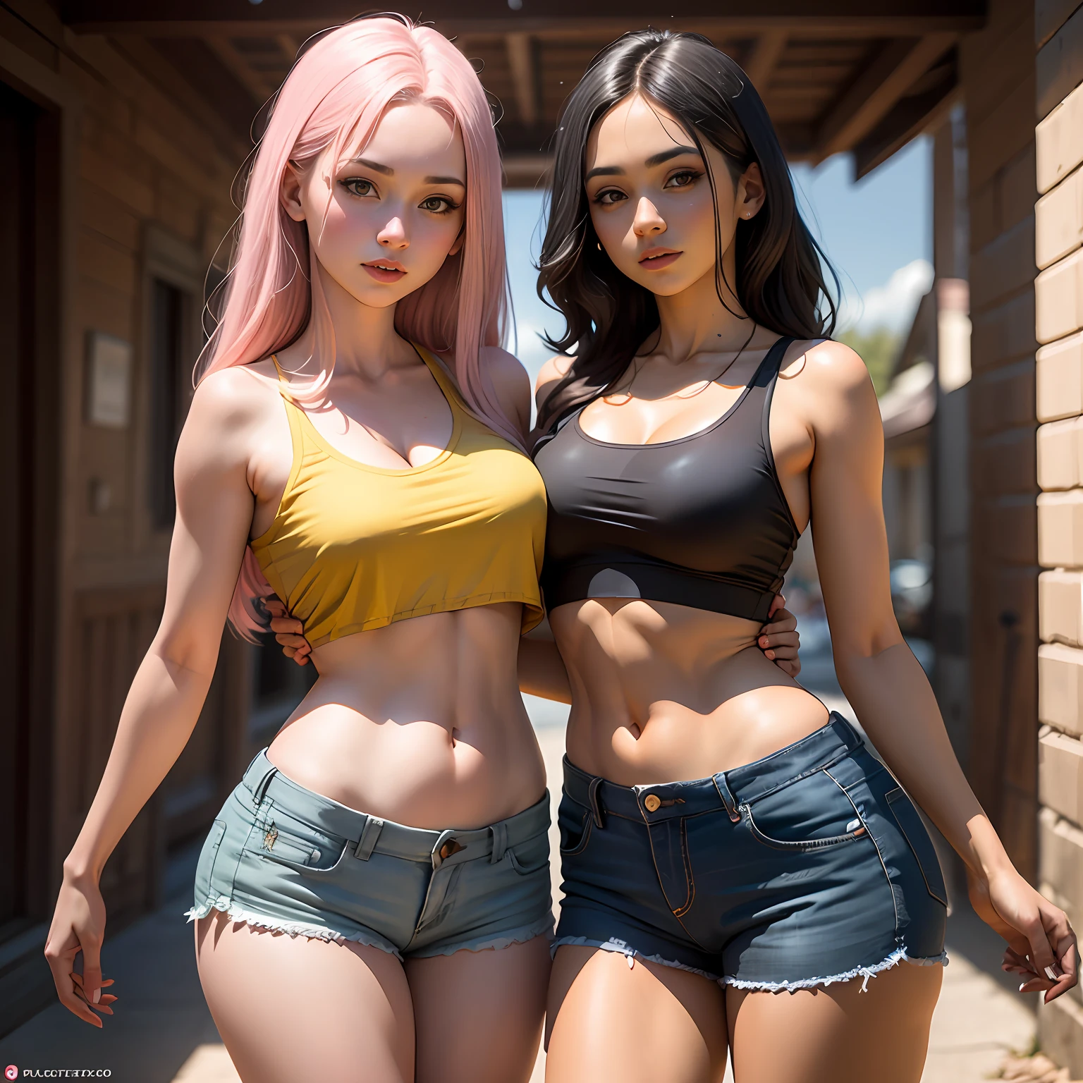 2girl 25 anos, entre seios, seios gigantes, crop top, decote sexy, top decote molhado, nus, no-bra, pikachu, shorts,,bumbum empinado, obra-prima, melhor qualidade, altamente detalhado