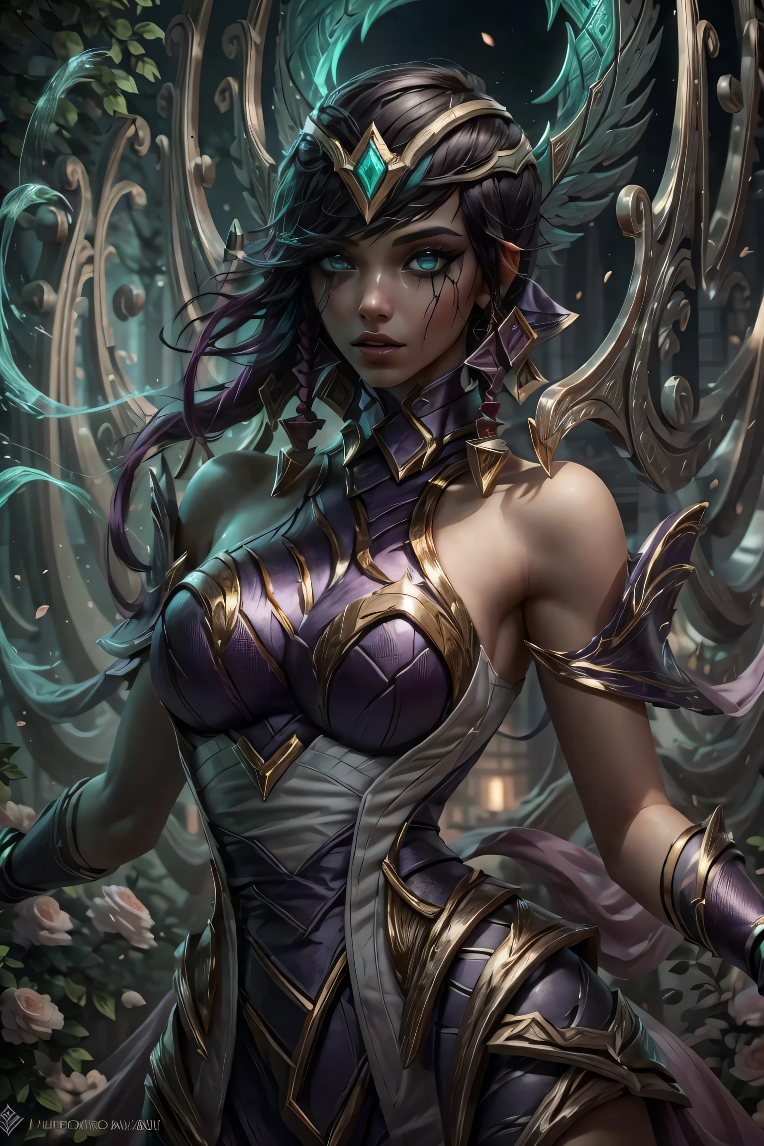 ultra realistic, ((gorgeous)), league of legends, highres, 1girl, ultra-detailed, (beautiful detailed face and eyes and hair:1.1), masterpiece, perfect face, beautiful face, textured skin, beautiful detailed face, sensual, beautiful eyes, masterpiece, intricate details, 1girl, looking at viewer ,solo, seductive, erotic, Extremely beautiful, large breast, pretty woman, beautiful woman, half body, perfect, kaerma, (sexy pose:1.2), hair ornament, looking at viewer, green eyes,