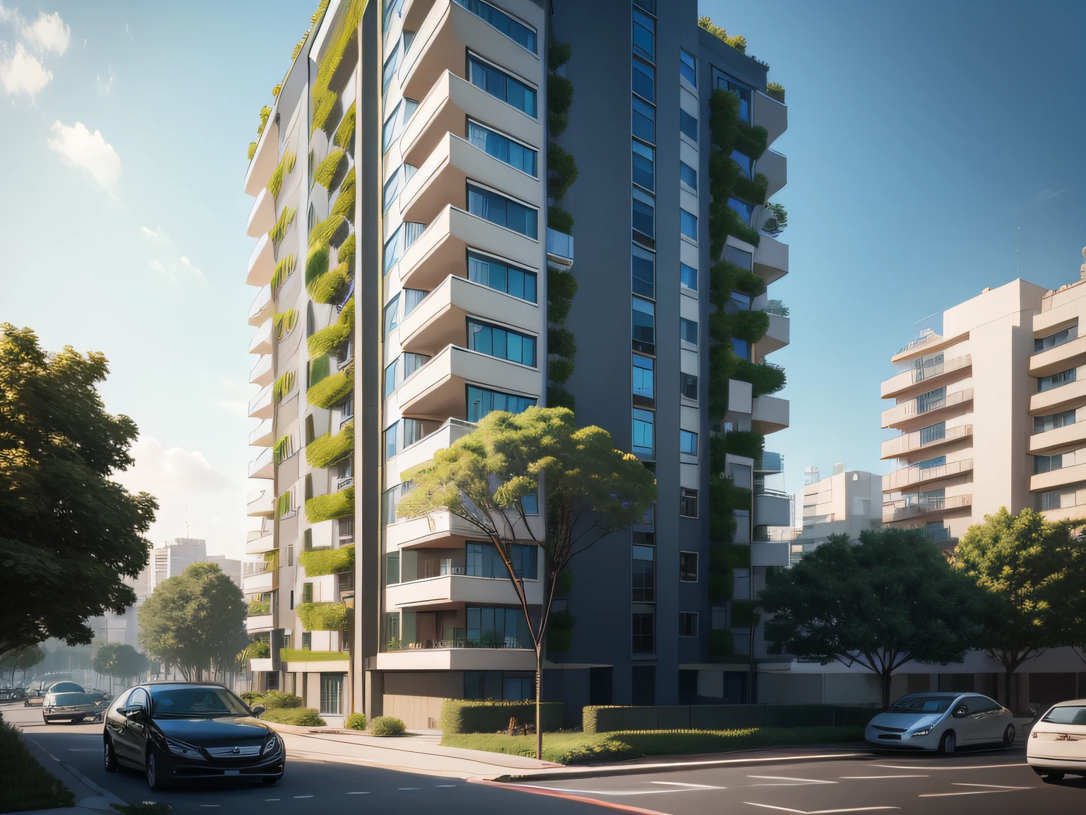 residential area,Community,building,greenery,The tree,enviroment,realisticlying,photorealestic,A residential building with about 20 floors