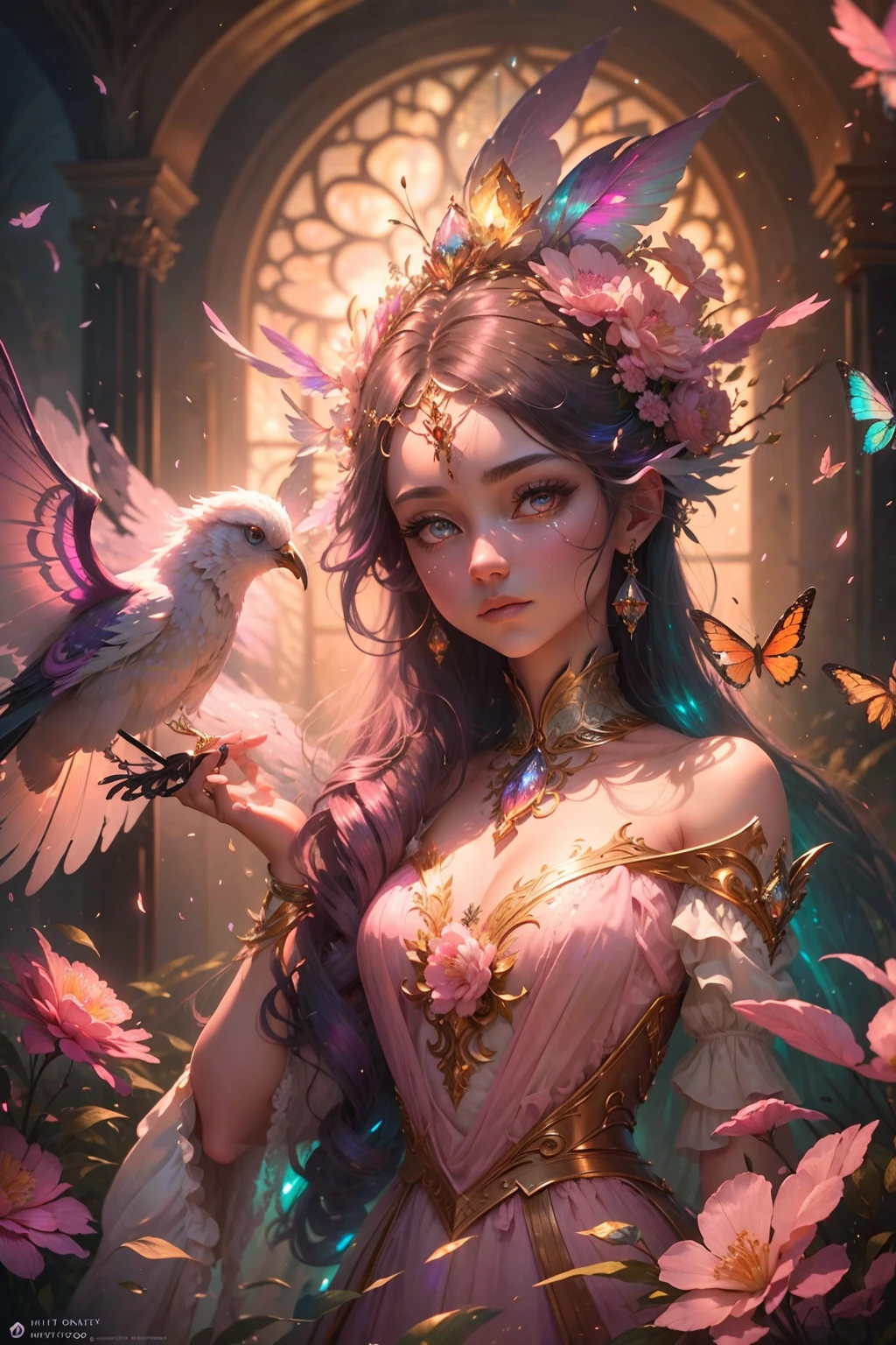 (((masterpiece))), (((best quality))), ((ultra-detailed)),(highly detailed CG illustration), ((an extremely delicate and beautiful)),cinematic light, Create a stunning fantasy artwork that mimics the style of currently trending masters of the genre. The art piece should contain elements of both mythic fantasy and fairytale fantasy with colorful accents. ((Utilize various shades of pink and watercolor pastels as the main color scheme.)) The character in the artwork is a delicate but strong petite figure with an aura of mystery and magic. Pay close attention to intricate facial features, such as mesmerizing eyes with vibrant colors and bold shading. The character's clothing should be designed with gossamer feathers, silk, stunning embroidery, and subtle iridescent details. Incorporate dreamy colors, dynamic lighting, and detailed background elements to create a sense of awe and immersion. Include colorful flying magical birds and jewel-toned butterflies radiating a magical aura. Consider the latest trends in fantasy art, such as incorporating unique lighting effects, exploring dynamic and compelling composition techniques, and experimenting with unique color palettes. Take inspiration from the top artists on ArtStation and Midjourney. Camera: Choose an angle that highlights the character's beauty and enhances the magical majesty of the artwork. Lighting: Utilize atmospheric lighting techniques to create depth and mood. Resolution: Aim for a high-resolution artwork to showcase intricate details and clarity. Art Inspirations: Seek inspiration from the trending artists on ArtStation, exploring different styles, genres, and themes.