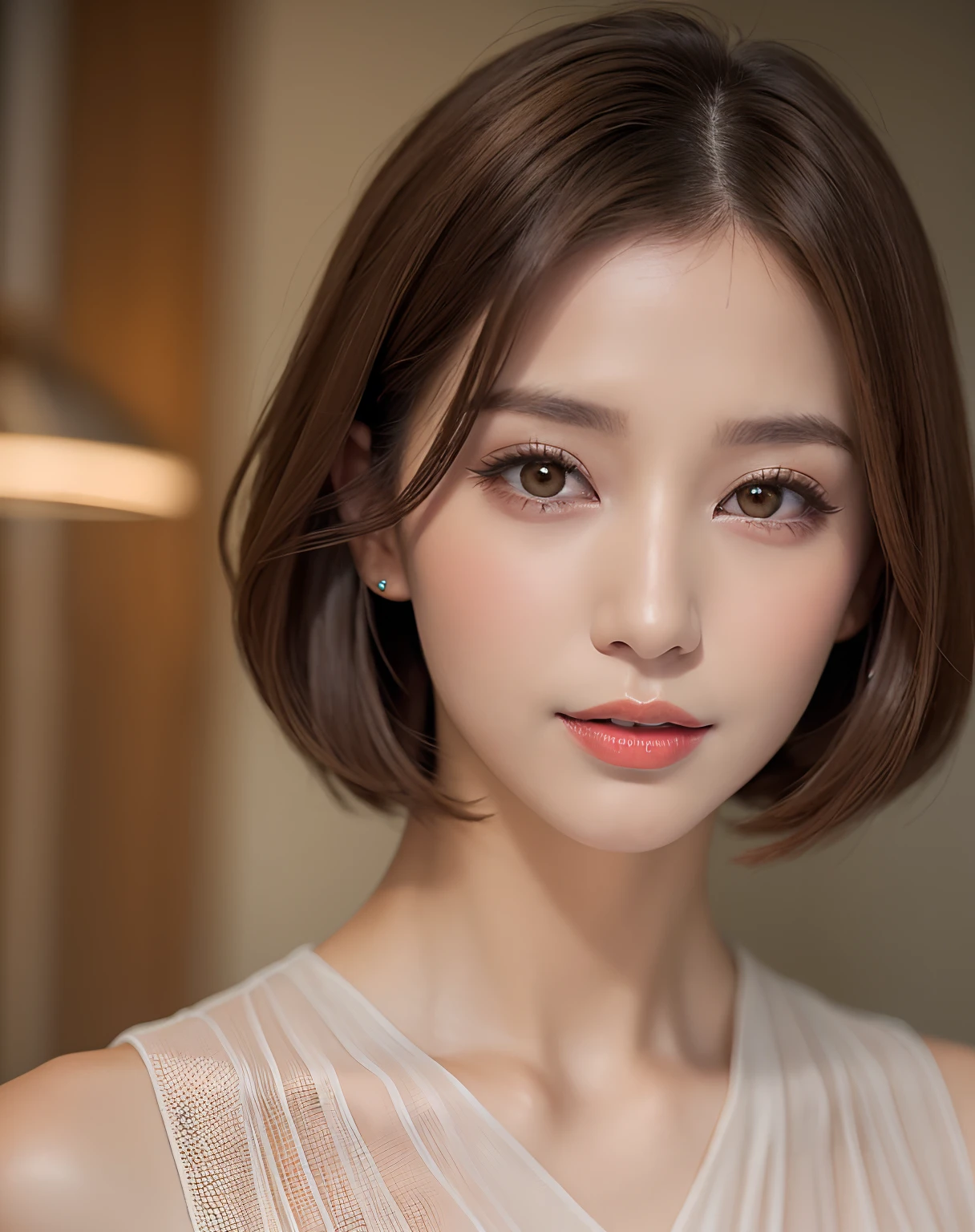 Elegant makeup, (Elegant shorthair,Light brown hair color: 1.4) Elegant dress、Chiffon blouse、full body Esbian、above waist