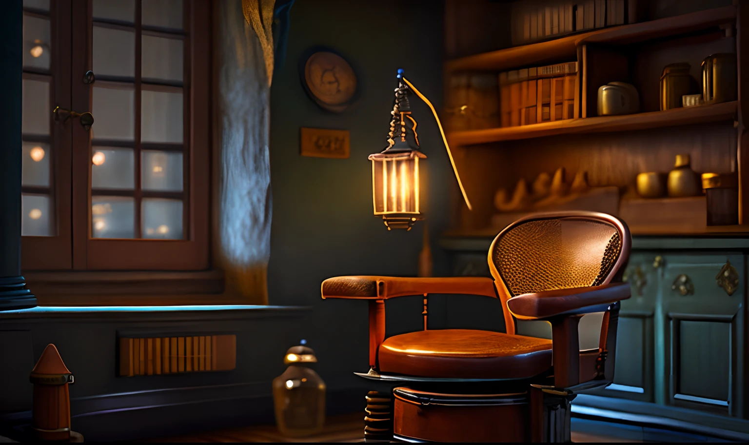 Old medieval dental office, lit by Edson's lamps, Room built of wood, small office, at night, (teto baixo), piso de madeira escura, rustic furniture, Bokeh blur, ((15th century)), night time, hyper realistic, fotorrealista, Old Victorian dental chair Ethyl Office odnological laboratory of the 30s well lit