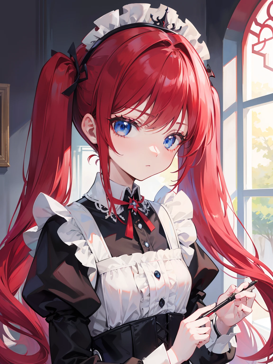 red hair,blue eyes,twintails,maid, long hair, long sleeves, gothic, solo, loli,{{best quality}}, {{masterpiece}}, {{ultra-detailed}}, {illustration}, {detailed light}, {an extremely delicate and beautiful},