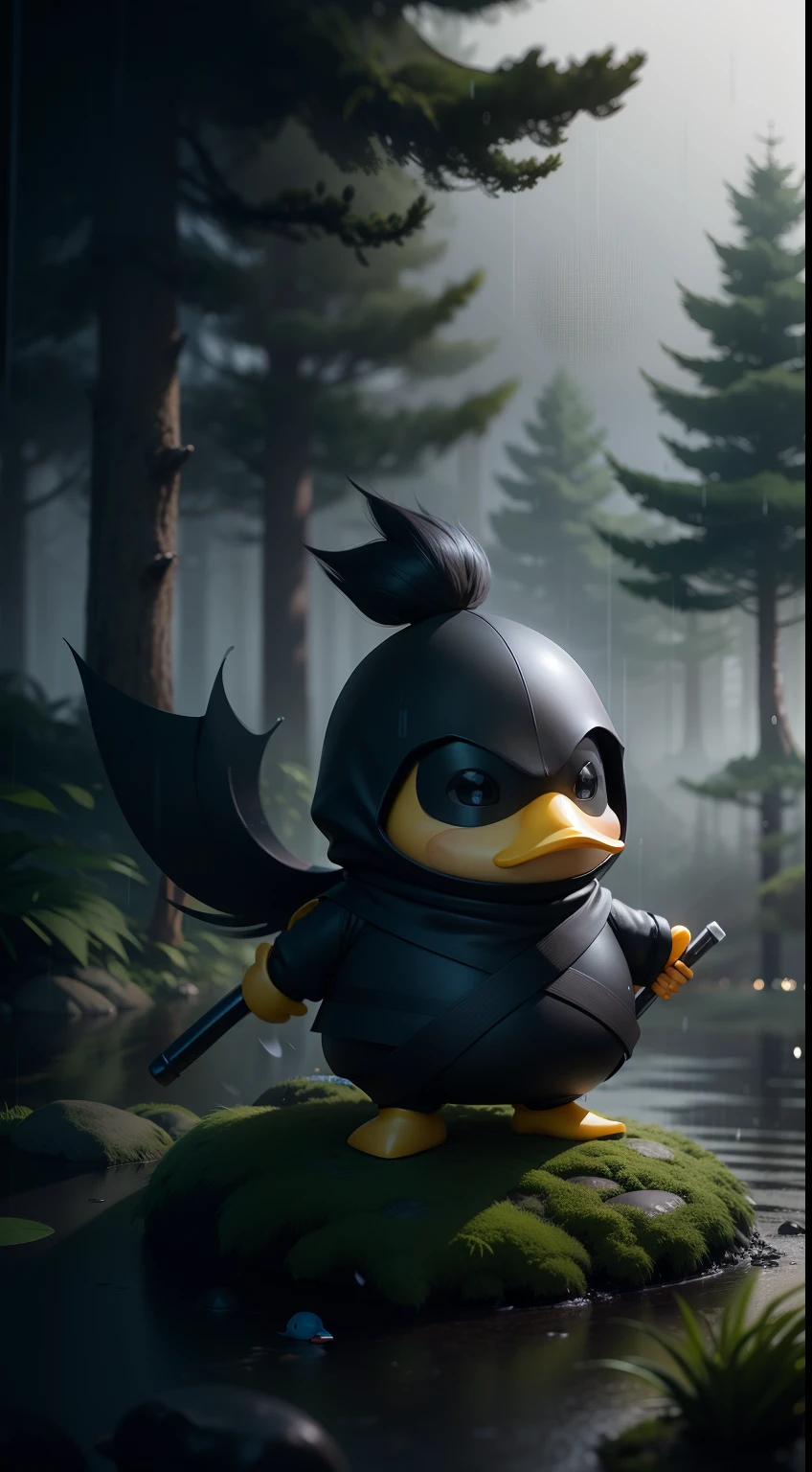 Create a vibrant dark fantasy cute ninja duck in a clean-lined minimalistic cartoon style, in the background a beautiful forest, rain, octane render, 8k