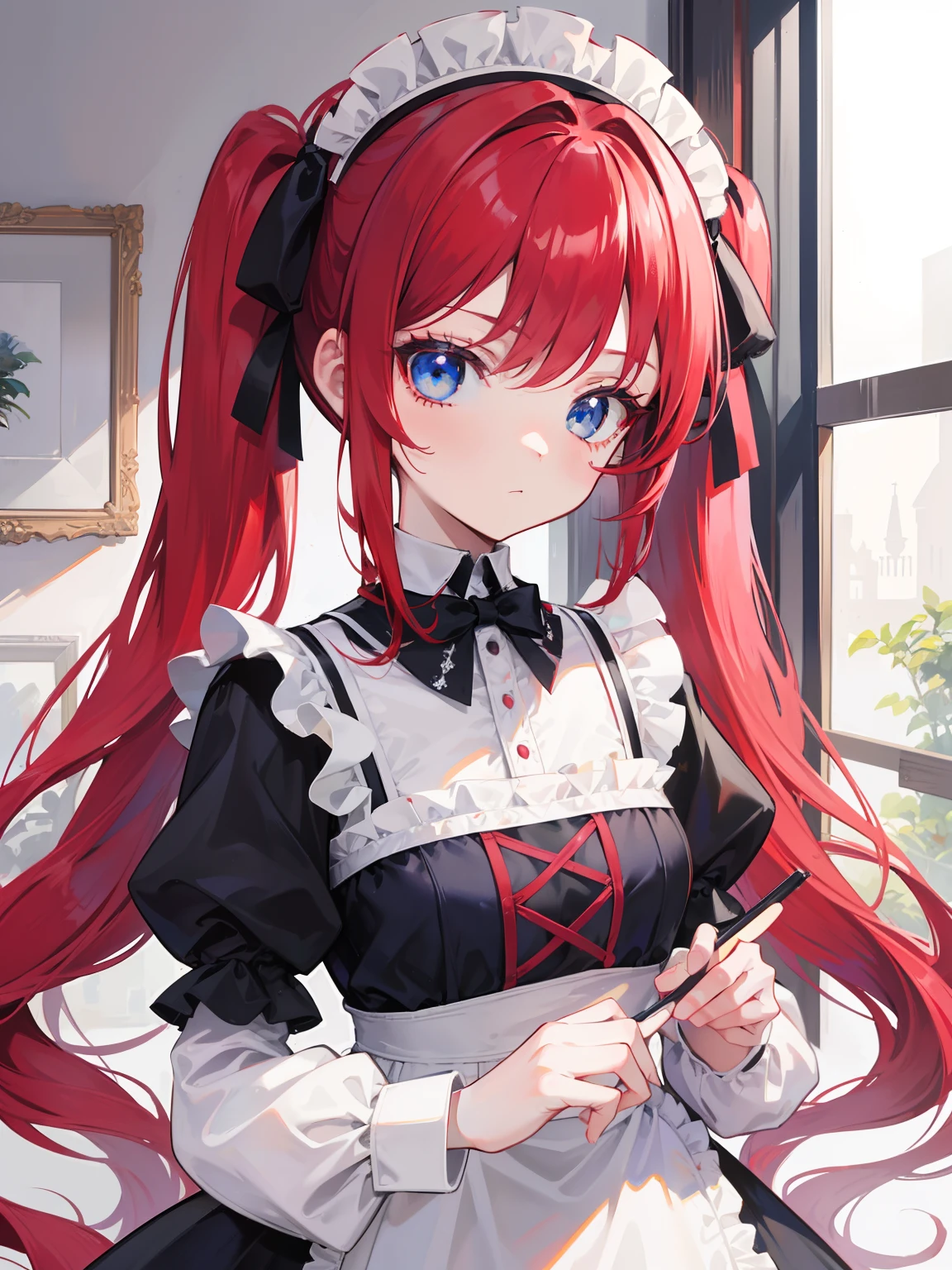 red hair,blue eyes,twintails,maid, long hair, long sleeves, gothic, solo, loli,{{best quality}}, {{masterpiece}}, {{ultra-detailed}}, {illustration}, {detailed light}, {an extremely delicate and beautiful},