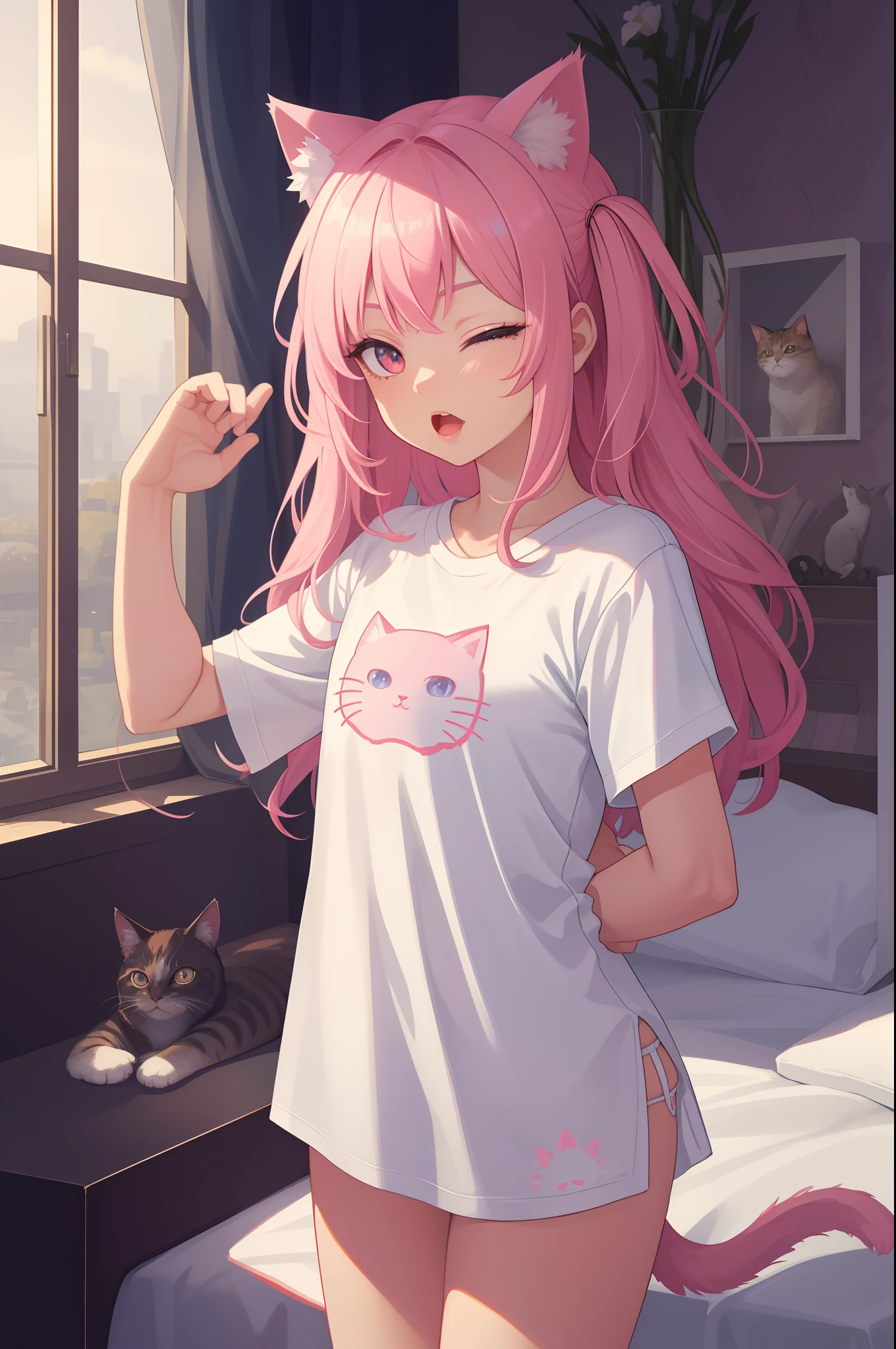 Masterpiece, Top quality, Super detail, the wallpaper, Break, 15 years old, Cat ears, Pink hair, Big eyes, Long eyelashes, Mouth closed, Break, White T-shirt, Cat print picture, White panties, Tail, Break, Cat pose, arms back behind, Break, Background, Luxury bed, Break,