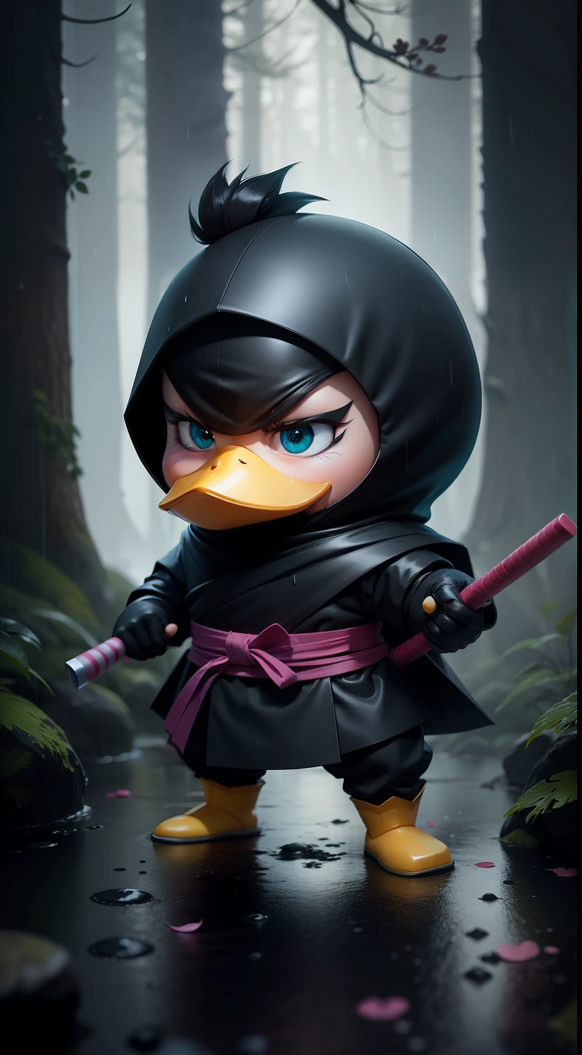 Create a vibrant dark fantasy cute ninja duck in a clean-lined minimalistic cartoon style, in the background a beautiful forest, rain, octane render, 8k