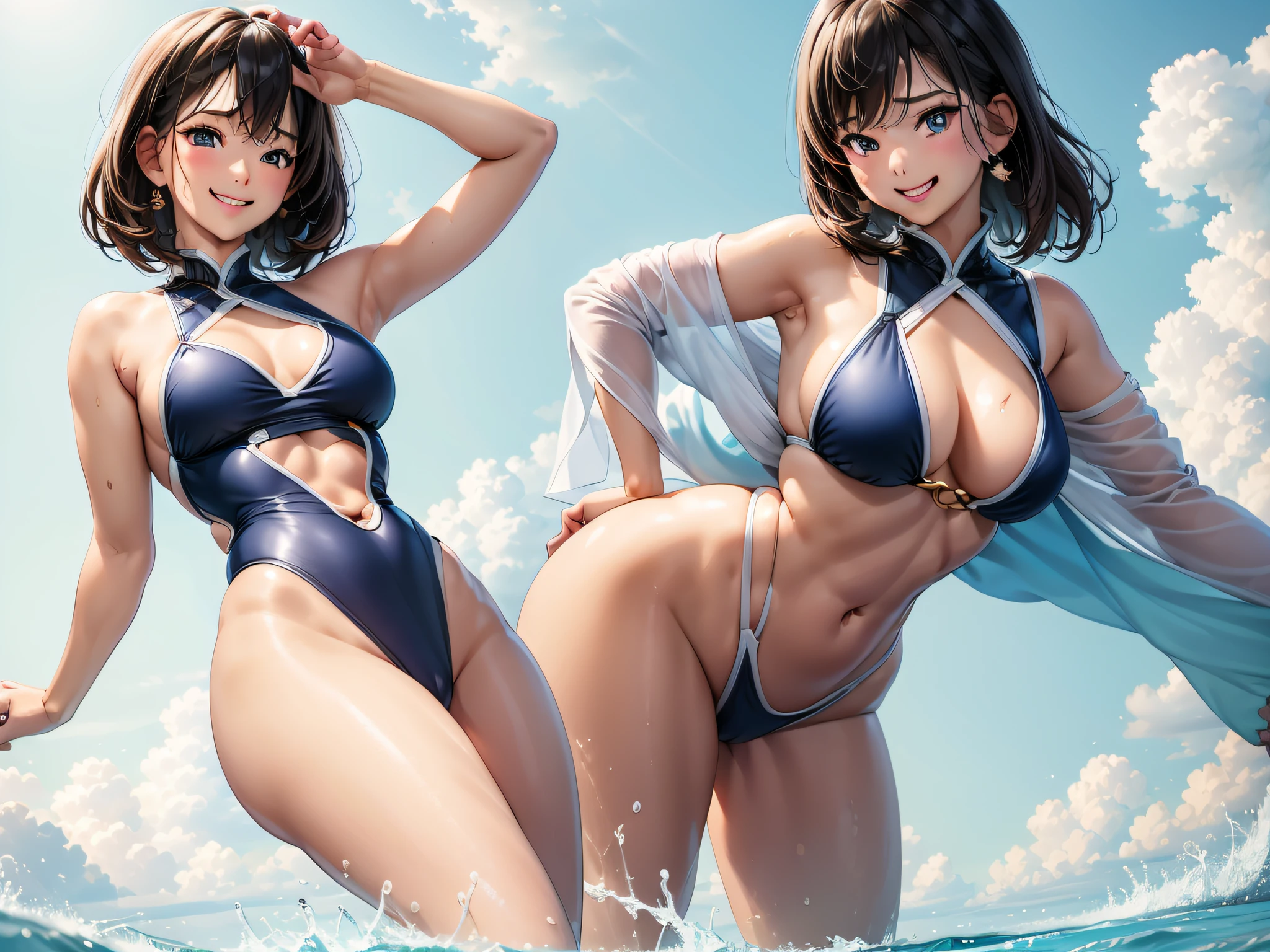 masterpiece、ultra-quality、ultra-detailliert、Perfect drawing、独奏、Beautiful girl in a swimsuit、Pee leakage(2.5)、Pee splashes out of the crotch(2.5)、red blush、Swimming Club、competition swim suit(onepiece swimsuit、highleg)10yaers old、Opening legs(30 cm)、Hold your crotch with both hands、Water gushing out of the crotch(2.5)、embarassed expression、Moisturized eyes、swimming pools、 Shot diagonally from below、thin fabric swimsuit、Light from the front、Right ahead、sunlights、Summer sky、clearface、masterpiece、ultra-quality、ultra-detailliert、Perfect drawing、nffsw、3D、8K、Bite