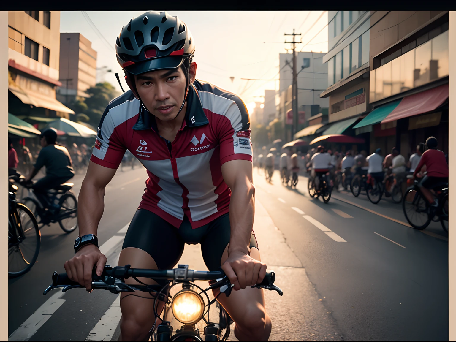 (((Realism))) Joko Widodo riding bike in Jakarta, busy street, dawn, super detail, normal view. --auto