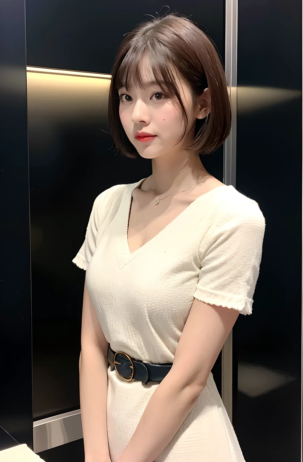 ((8K:1.27)、top-quality、​masterpiece、超A high resolution:1.2)Photo Beautiful Japan woman(pleasing:1.1) Elegance、There is a good、Gradient lighting、1girl in、Delicate skin、Look here、Brown-eyed、(short hair with bangs:1.2)、(Medium chest:1.0)、(medium areola:0.8)、(realisitic:1.4)、(top-quality:1.0)、(超A high resolution:1.0)、8K、Raw photography、(​masterpiece:0.2)、(pureerosface_v1:0.5)、 Fashion of the 60s、Clothes with classic designs、Actress style of the 60s、Retro dresses、classical、Clogged neck design、Neck design is roller color、White polka dots、Pop、a belt、Large dot pattern、White polka dots on navy blue fabric、shortsleeves、Chest invisible design、Kamimei、excited expressions、Red cheeks、want me、Staring at this、elevator、Inside the elevator、eng、Angle from the side、subject、Lean、、Watched、Good posture、up chest、up chest、SLR、Staring at this、bulging chest、Super Super Mini Skirt、Futomo、big butts、Lighting from below、murky、Upper Light、Illuminated by lighting from below、