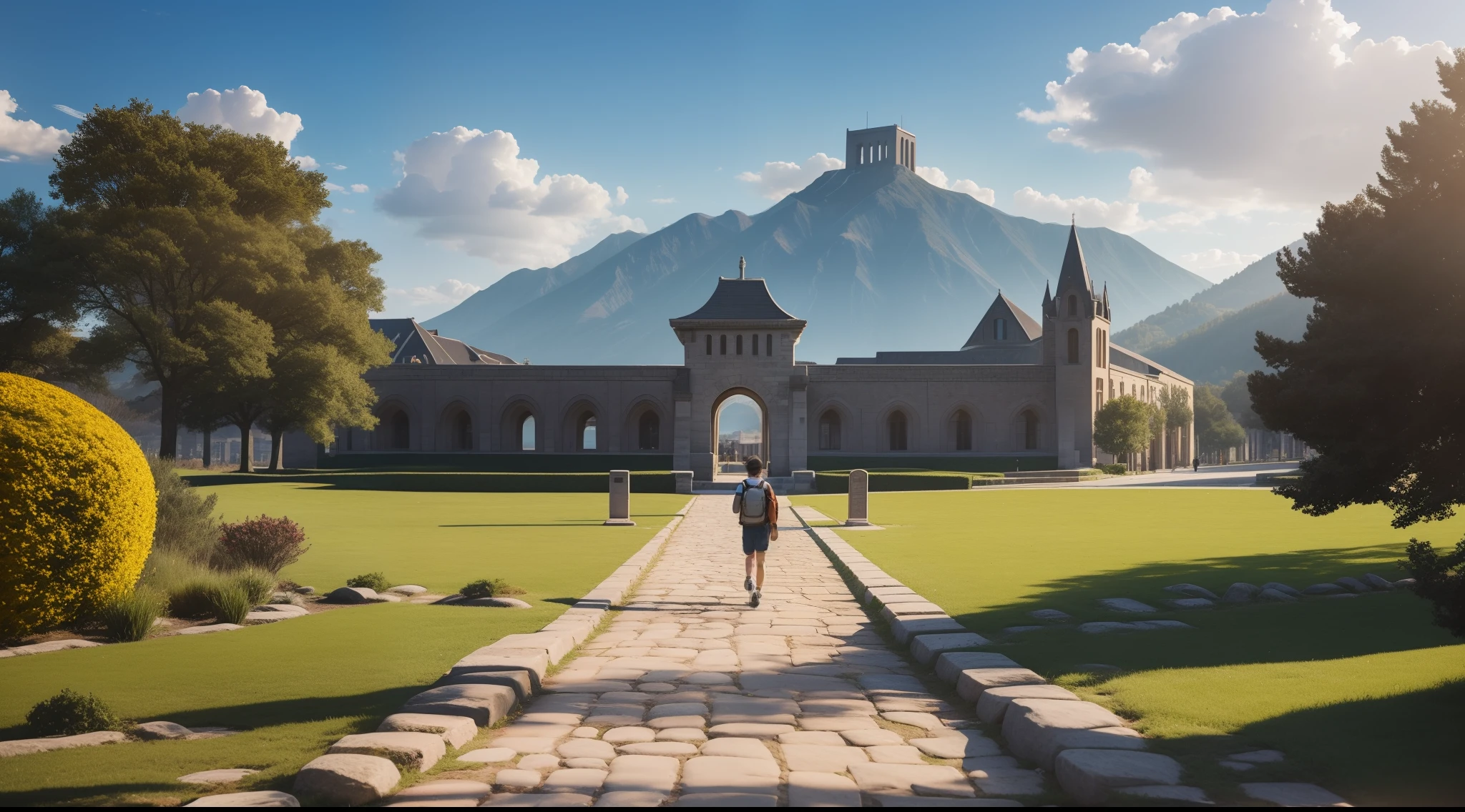 A college student walking on a stone path，outside，Great view，grandiose buildings，borgar，The characters are relatively small，Go into the distance，Face away from the camera，Scenic beauty，Sunnyday，The sky occupies more than half of the picture