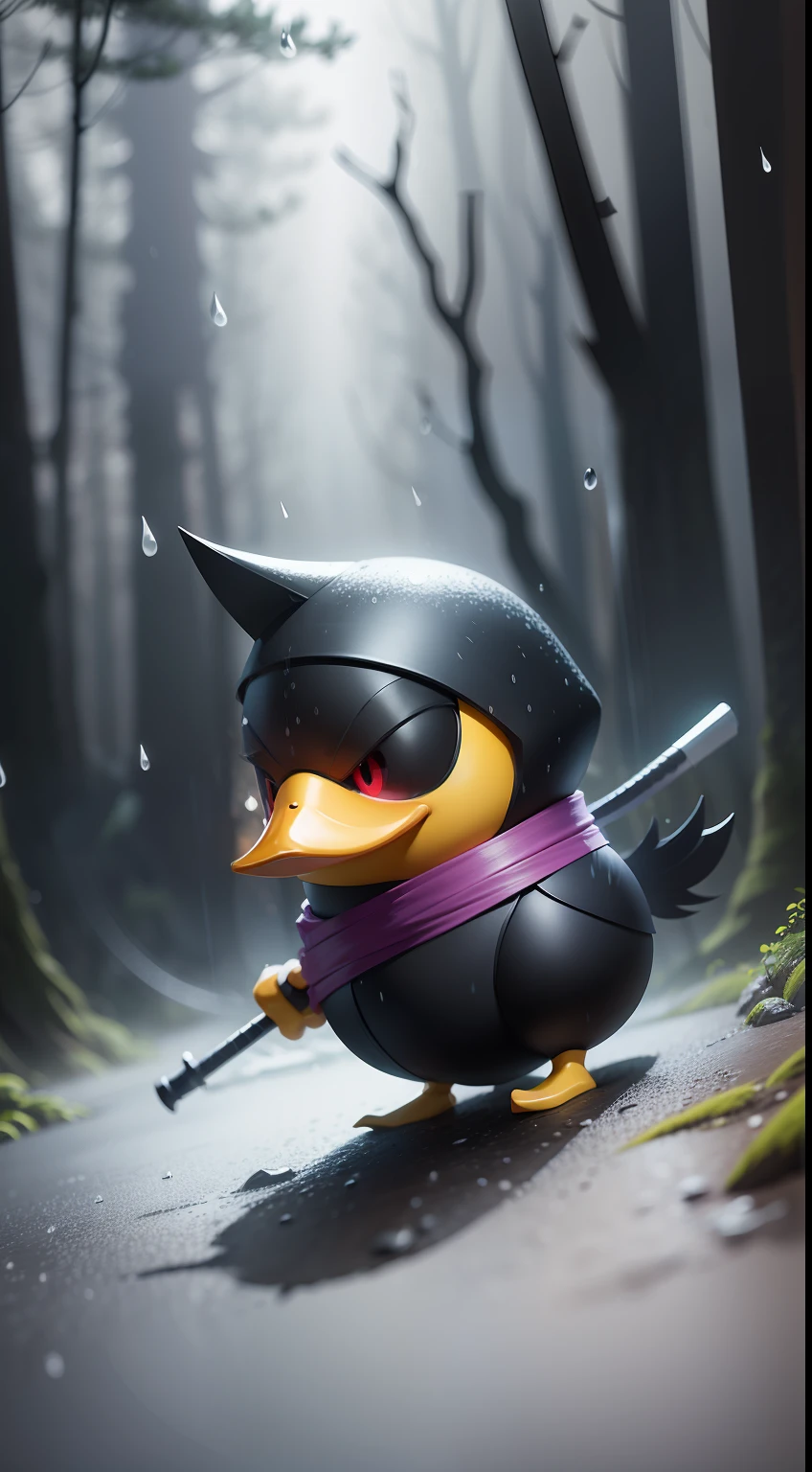Create a vibrant dark fantasy cute ninja duck in a clean-lined minimalistic cartoon style, in the background a beautiful forest, rain, octane render, 8k