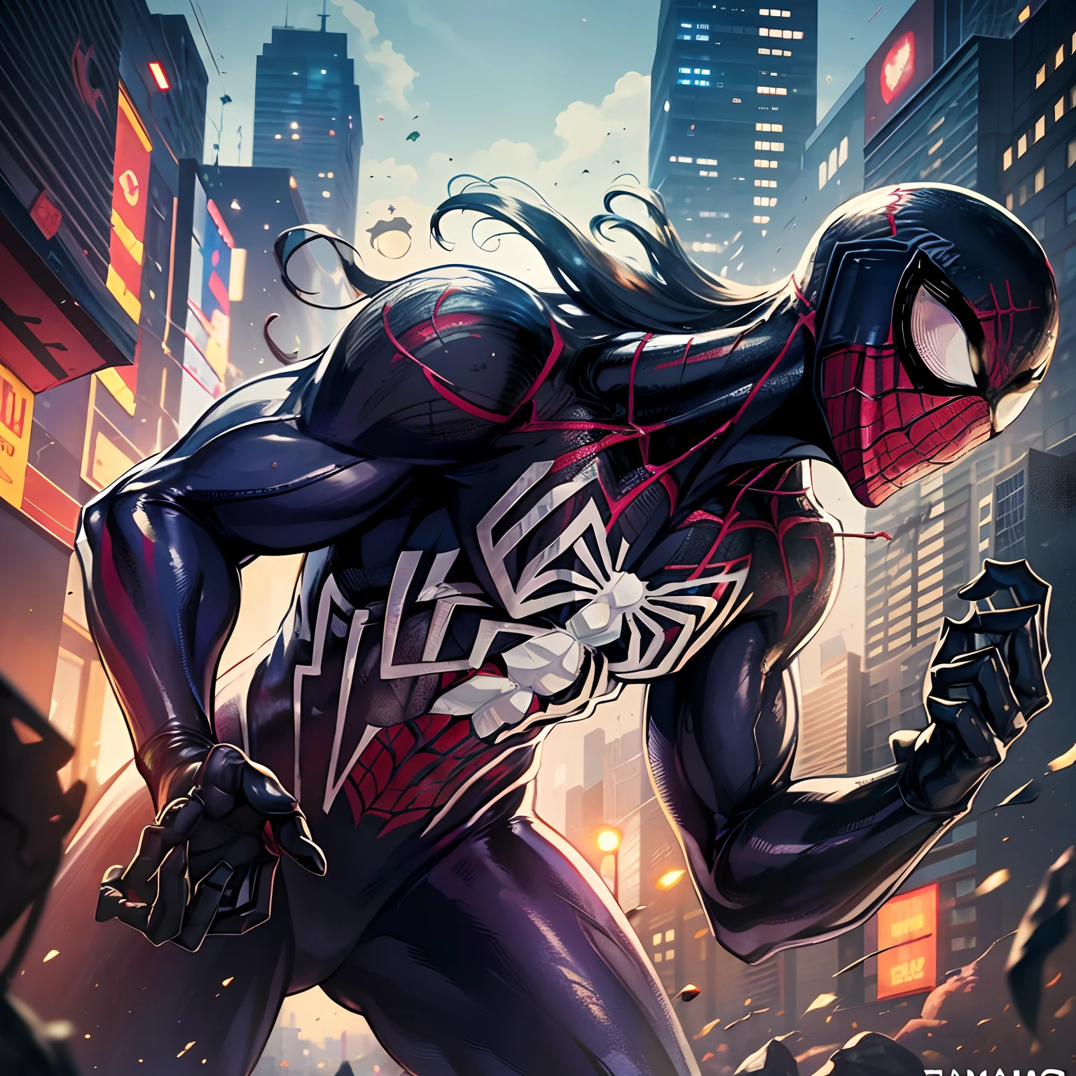 spider man, organic-looking outfit, gooey testura, symbiote, white eyes, fine art, cinematic scene, highly detailed detailed cinematic rendering, ultra photorealistic raytricing, with cinematic lighting